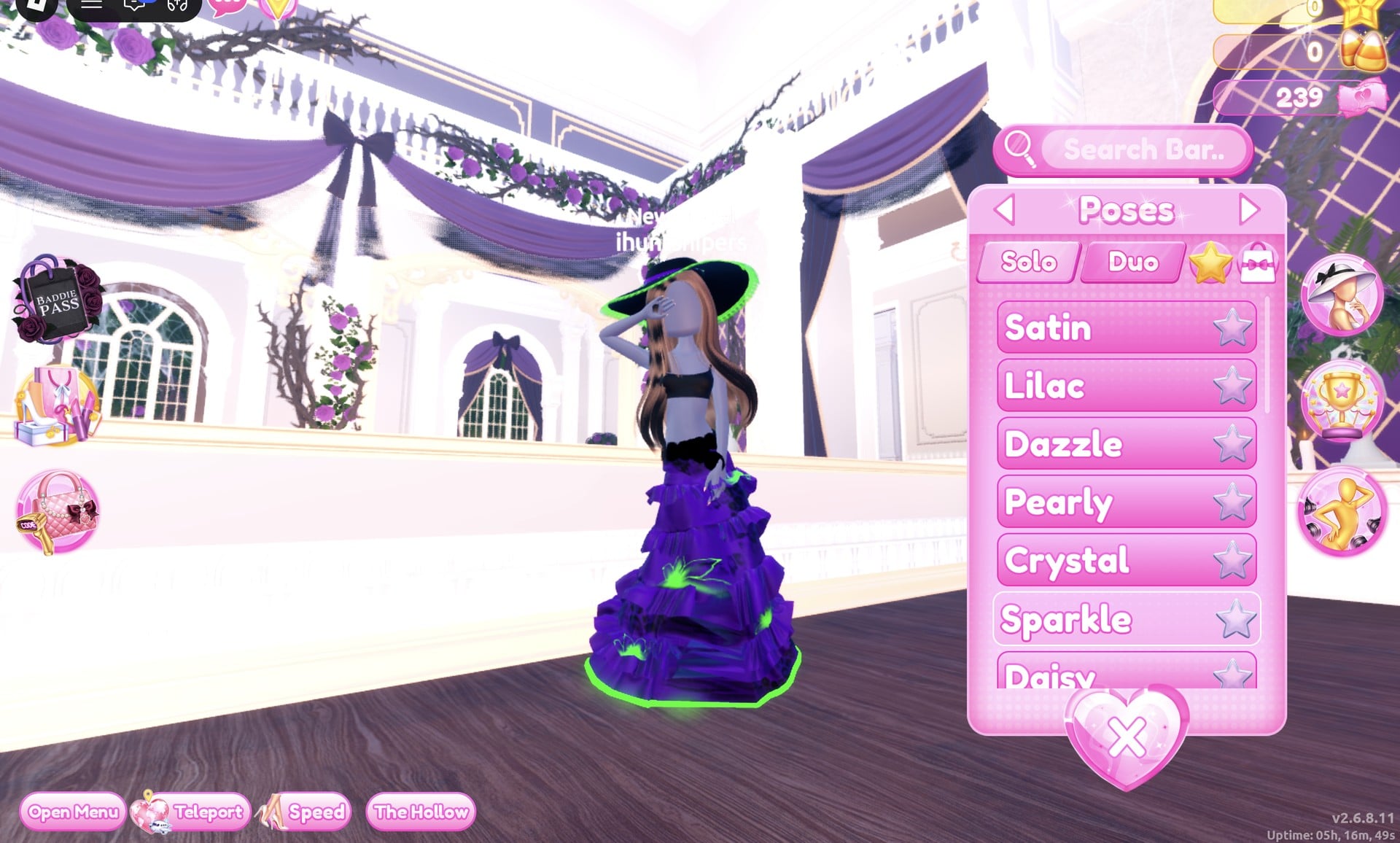 Poses panel on the Solo tab listing Satin, Lilac, Dazzle, Pearly, Crystal, Sparkle and Daisy, character in the Sparkle pose