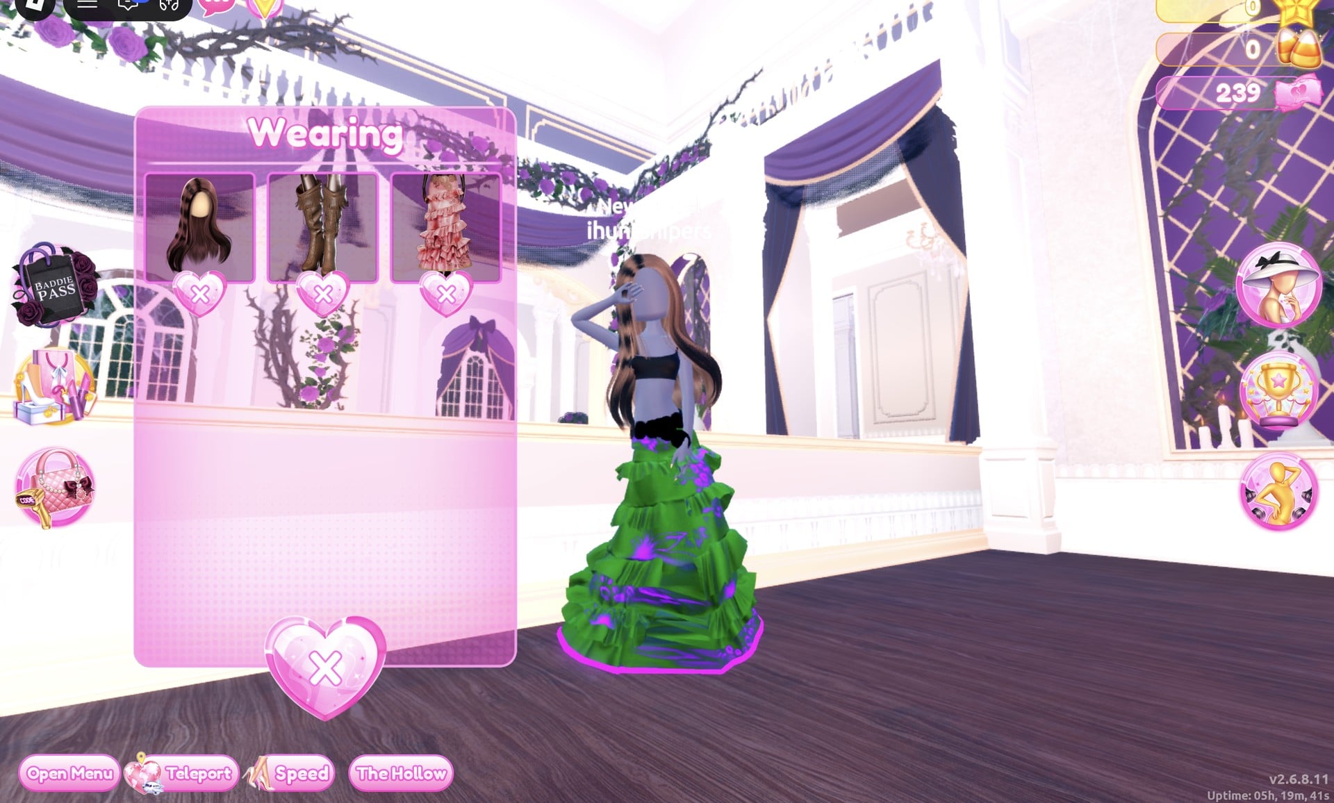 Wearing panel with the hair, boots and gown after the hat was taken off