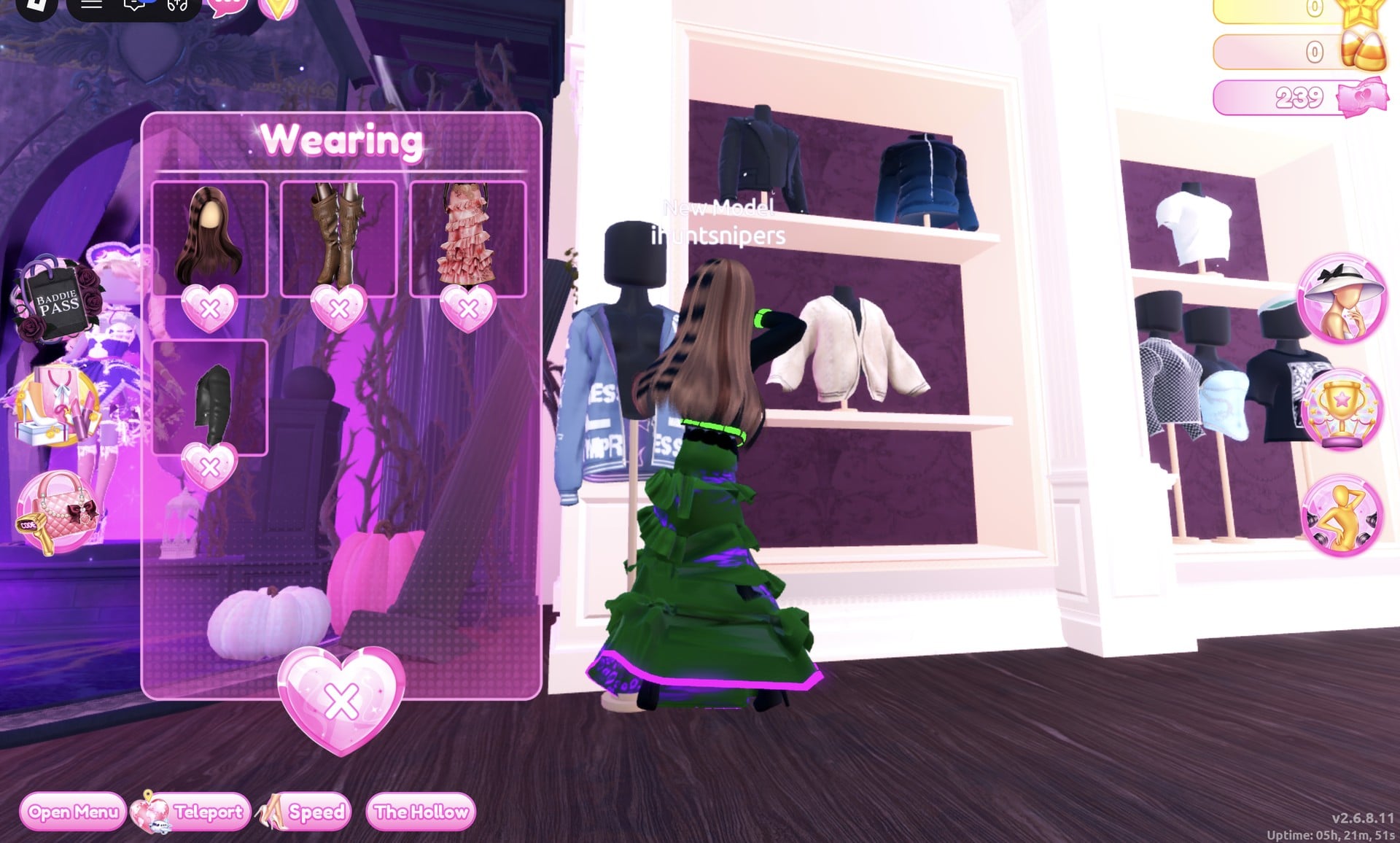 Wearing panel listing the hair, boots, gown and the black jacket