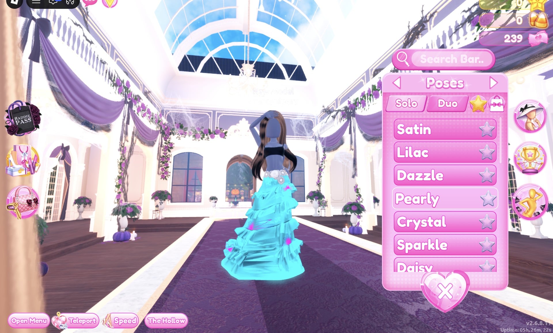 Poses panel on the Solo tab with the character in the Pearly pose, one hand on top of the head