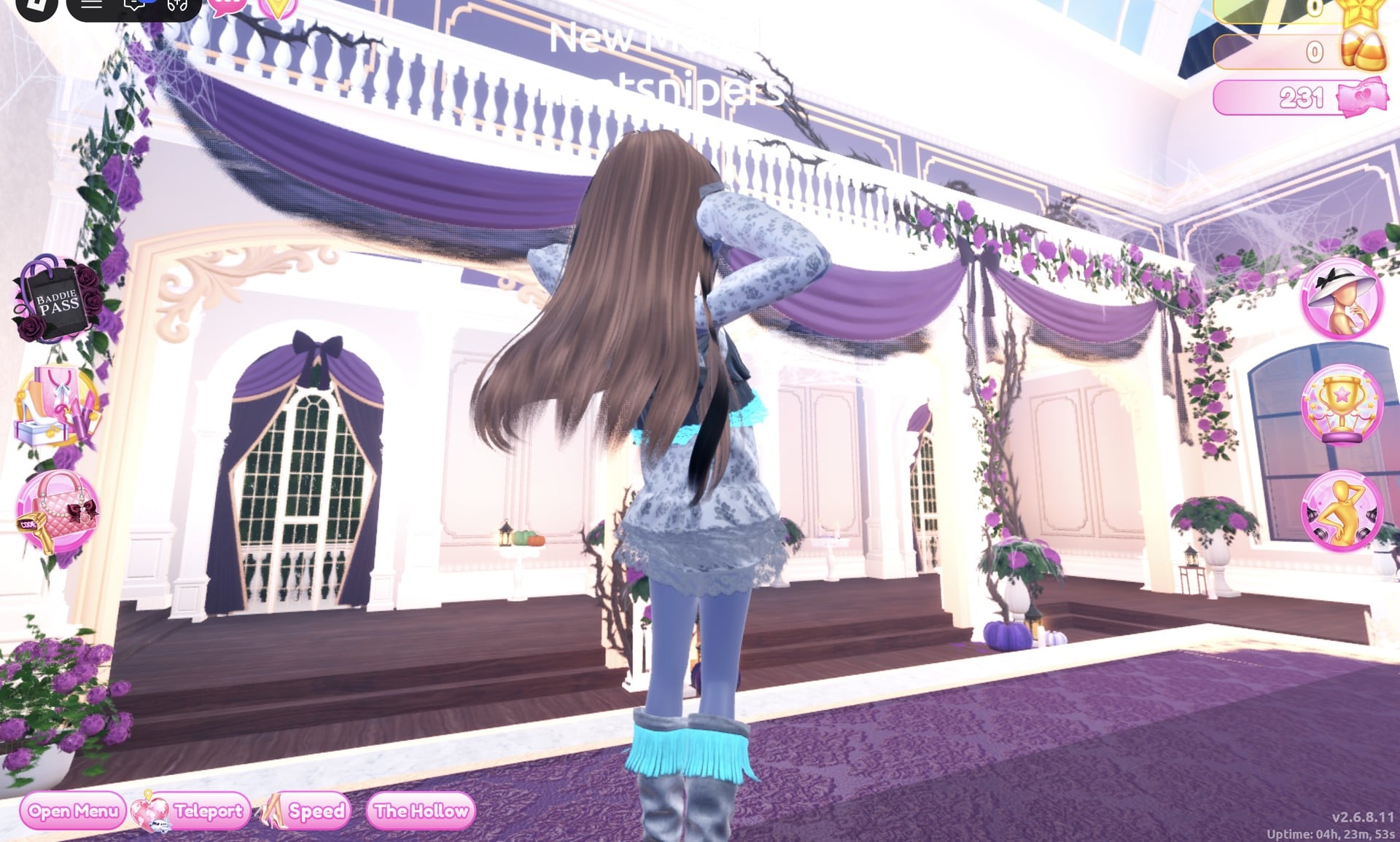 Back view of the silver android look: long wavy brown hair over the grey lace dress, cyan fringe on the grey boots