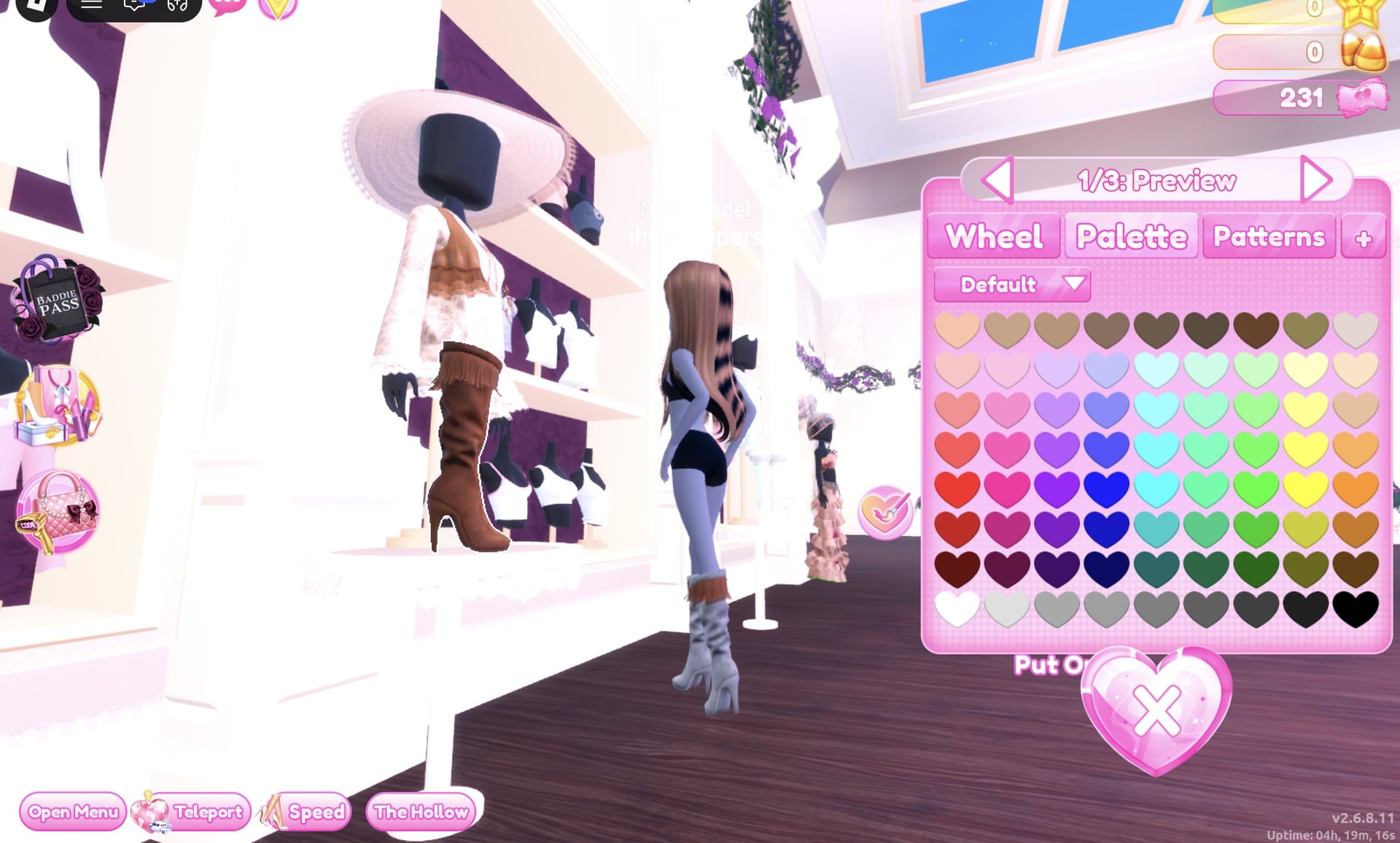 Mannequin in a white sun hat, lace dress and brown fringed knee boots beside our character, with the boots' colour panel open