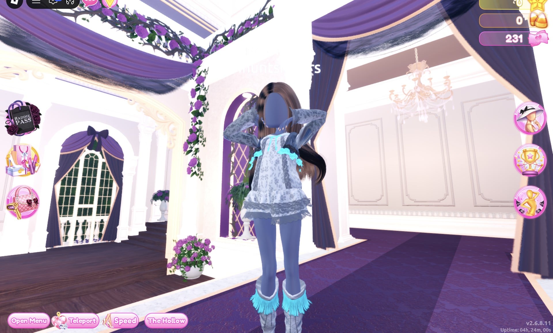 Front view of the silver android look on the Freeplay Runway: grey lace dress with cyan trim and grey boots with cyan fringe, hands behind the head