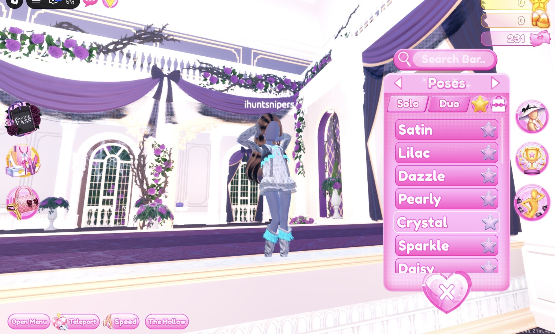 Poses panel on the Solo tab listing Satin, Lilac, Dazzle, Pearly, Crystal, Sparkle and Daisy