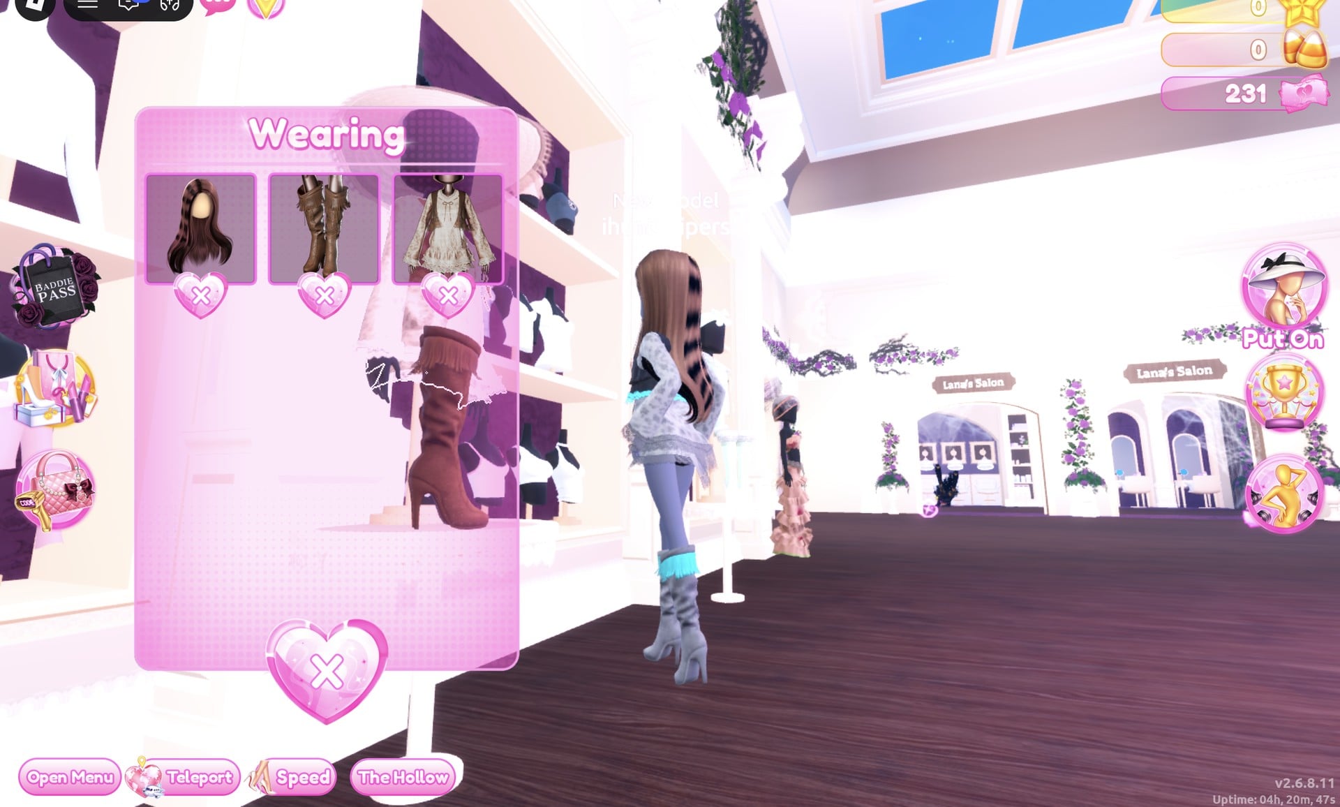 Wearing panel in Dress To Impress listing three pieces: the hair, the knee boots and the lace dress set
