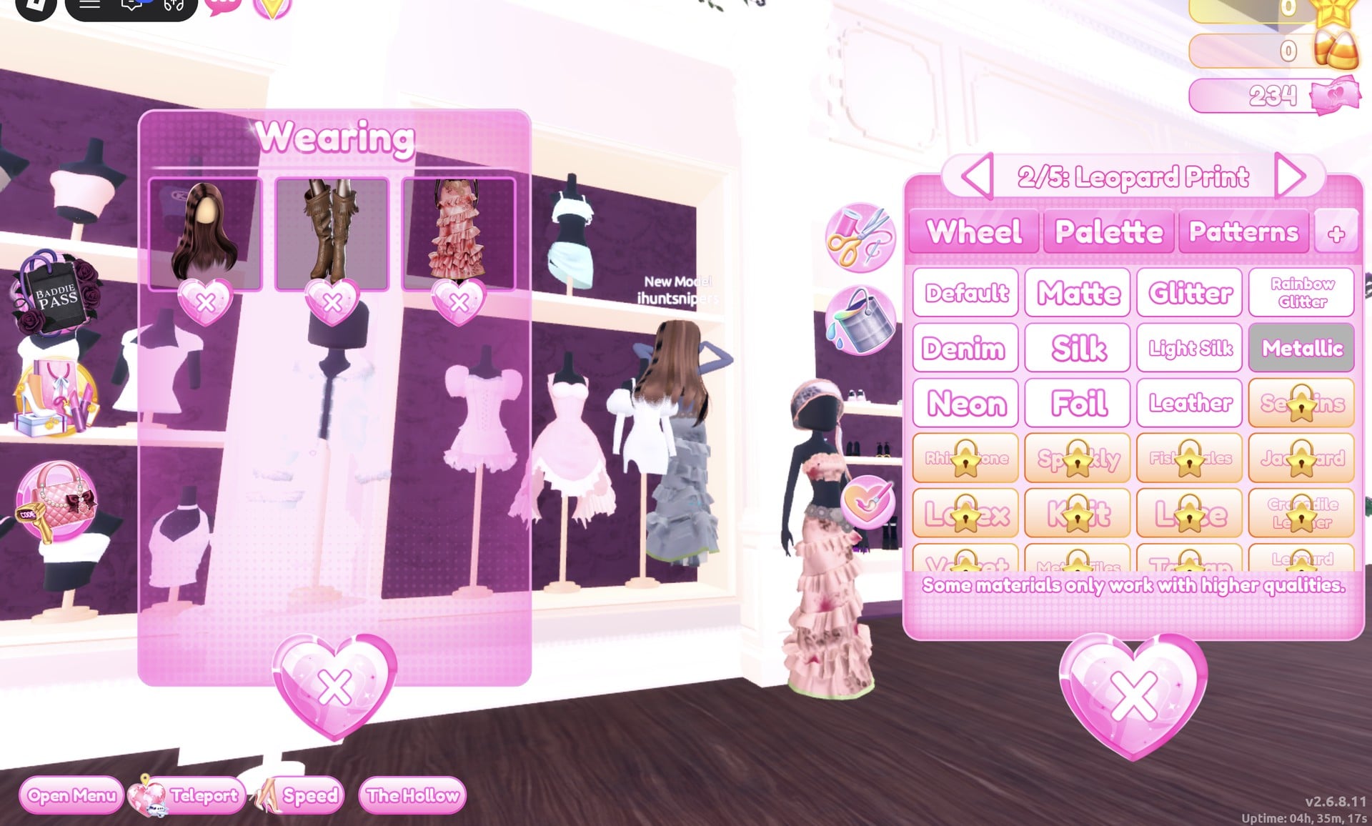 Colour panel on the 2/5: Leopard Print part with Metallic selected, the pink ruffled gown mannequin in the background