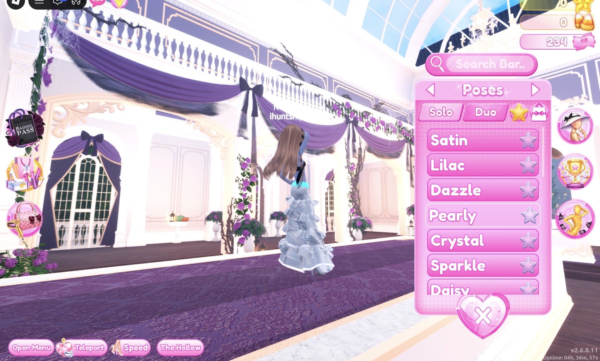 Poses panel on the Solo tab with Pearly fourth in the list, our character on the runway in the silver gown