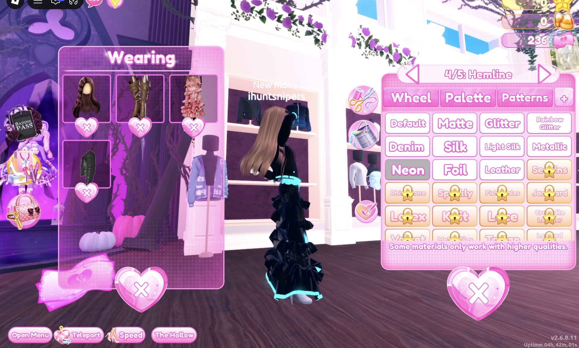 Wearing panel and colour panel on the 4/5: Hemline part with Neon selected, the gown now black with a glowing cyan hem