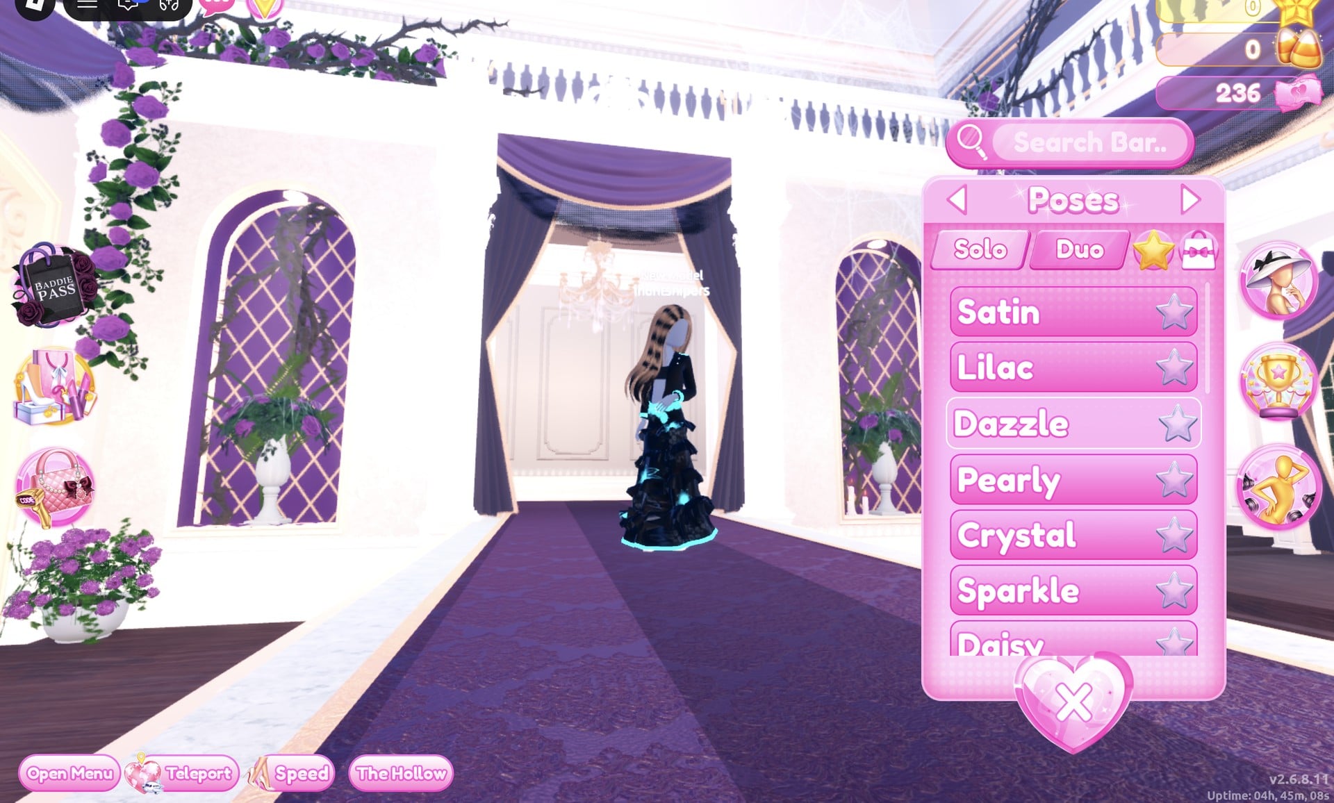 Poses panel on the Solo tab with Dazzle third in the list, our character in the black cyborg look on the runway