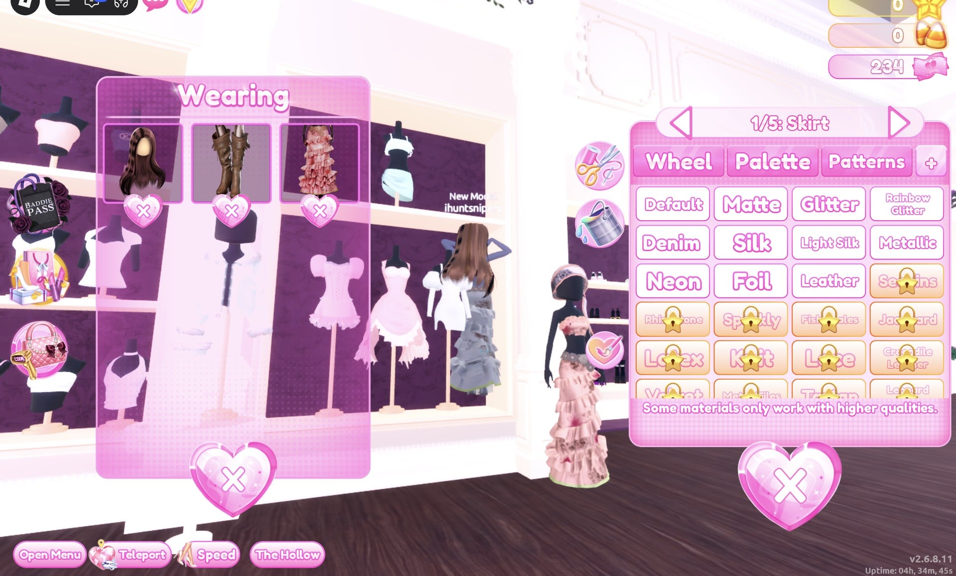 The + materials tab in Dress To Impress: free materials on top, gold star locks on Sequins, Latex, Knit, Lace and others