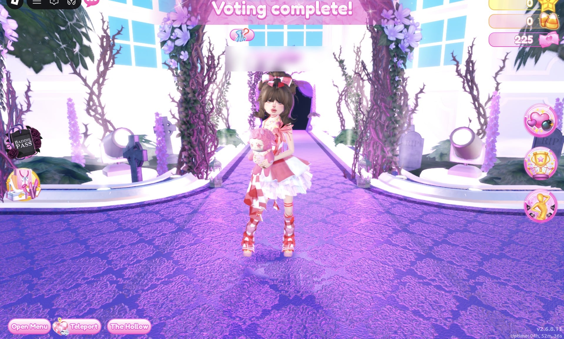 A player in a pink and white outfit on the round runway under the Voting complete! banner