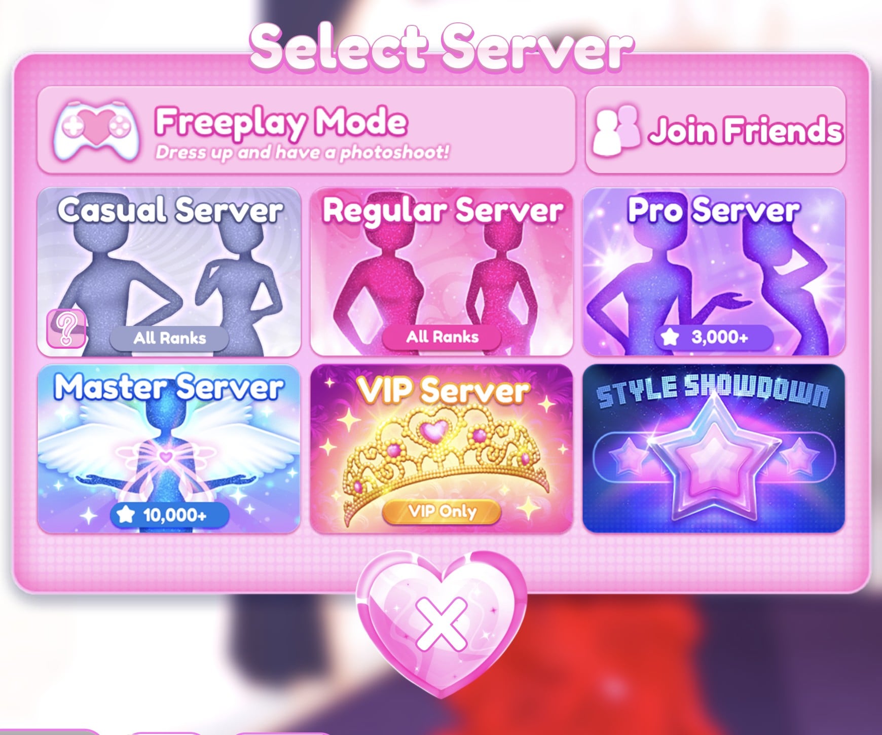 Select Server menu with Freeplay Mode at the top above Casual, Regular, Pro, Master, VIP and Style Showdown servers