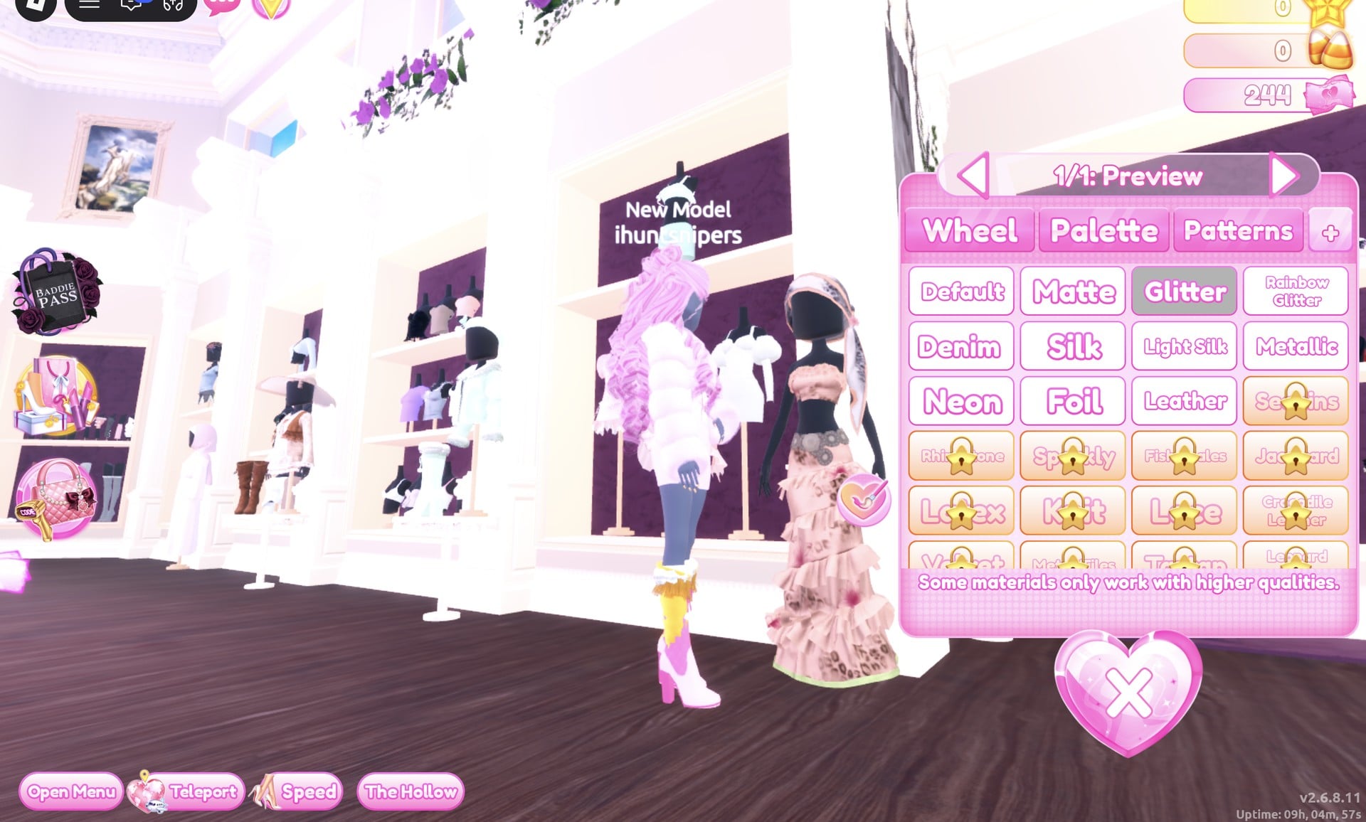 The white fluffy cropped fur jacket previewing on the character with its 1/1: Preview colour panel open, beside the long gown mannequin