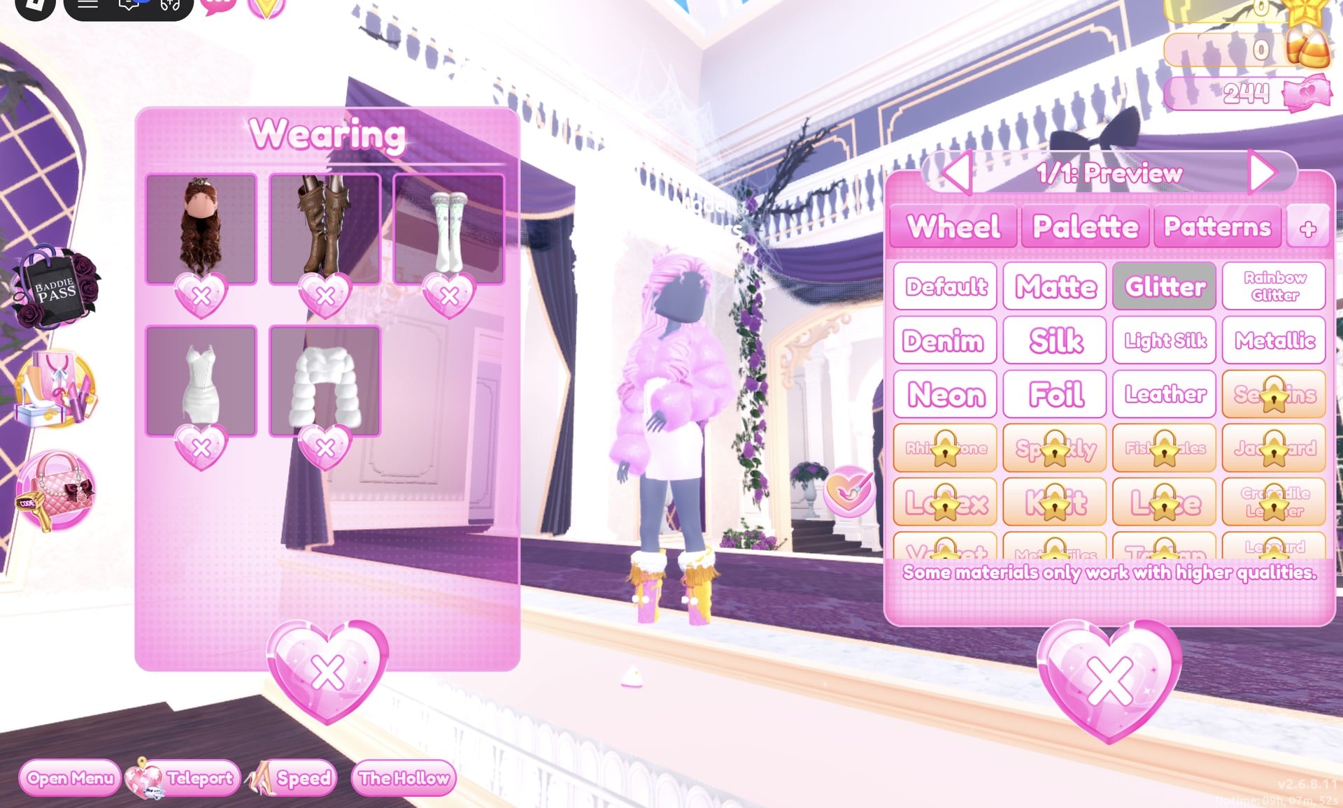The fur jacket's 1/1: Preview part with Glitter selected, the jacket now sparkly lilac on the character