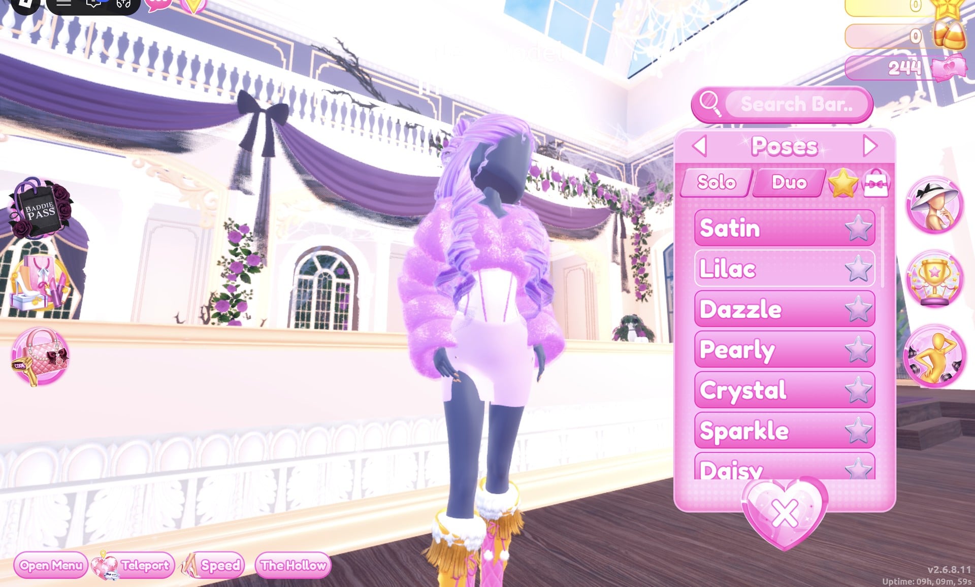 Poses panel with the Search Bar and the Solo tab listing Satin, Lilac, Dazzle, Pearly, Crystal, Sparkle and Daisy, character in the lilac look