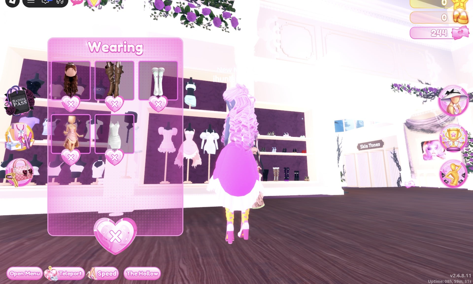 Wearing panel listing the hair, shoes, the pink party dress and the white mini dress, the pink dress still showing on the character
