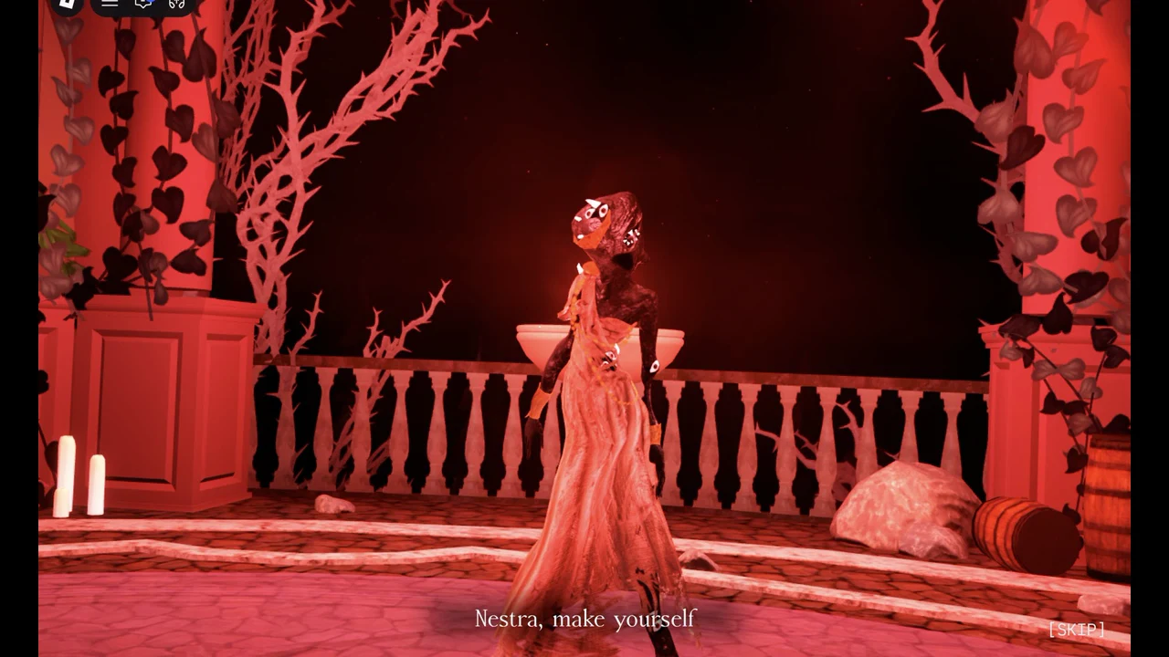 Nestra on a red-lit balcony during the cutscene, subtitle reading Nestra, make yourself, with a SKIP button