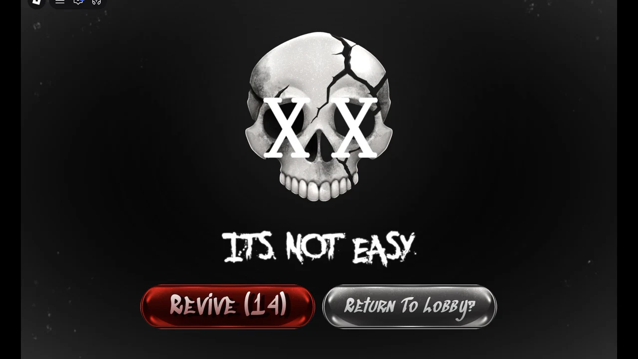 Death screen with a cracked skull, a red Revive button, and a Return to Lobby option