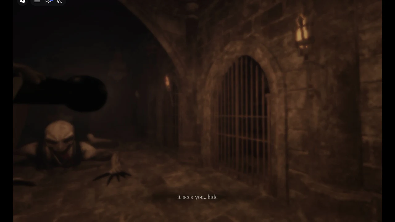 Pale crawling creature with black claws near a barred cell door in the dungeon
