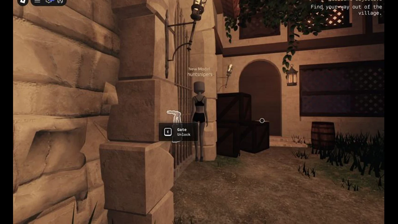 Player at the barred village portcullis with the Gate Unlock prompt on screen