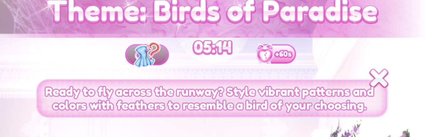Theme: Birds of Paradise banner at the top of the screen with the 05:14 timer under it and the theme's hint card open below