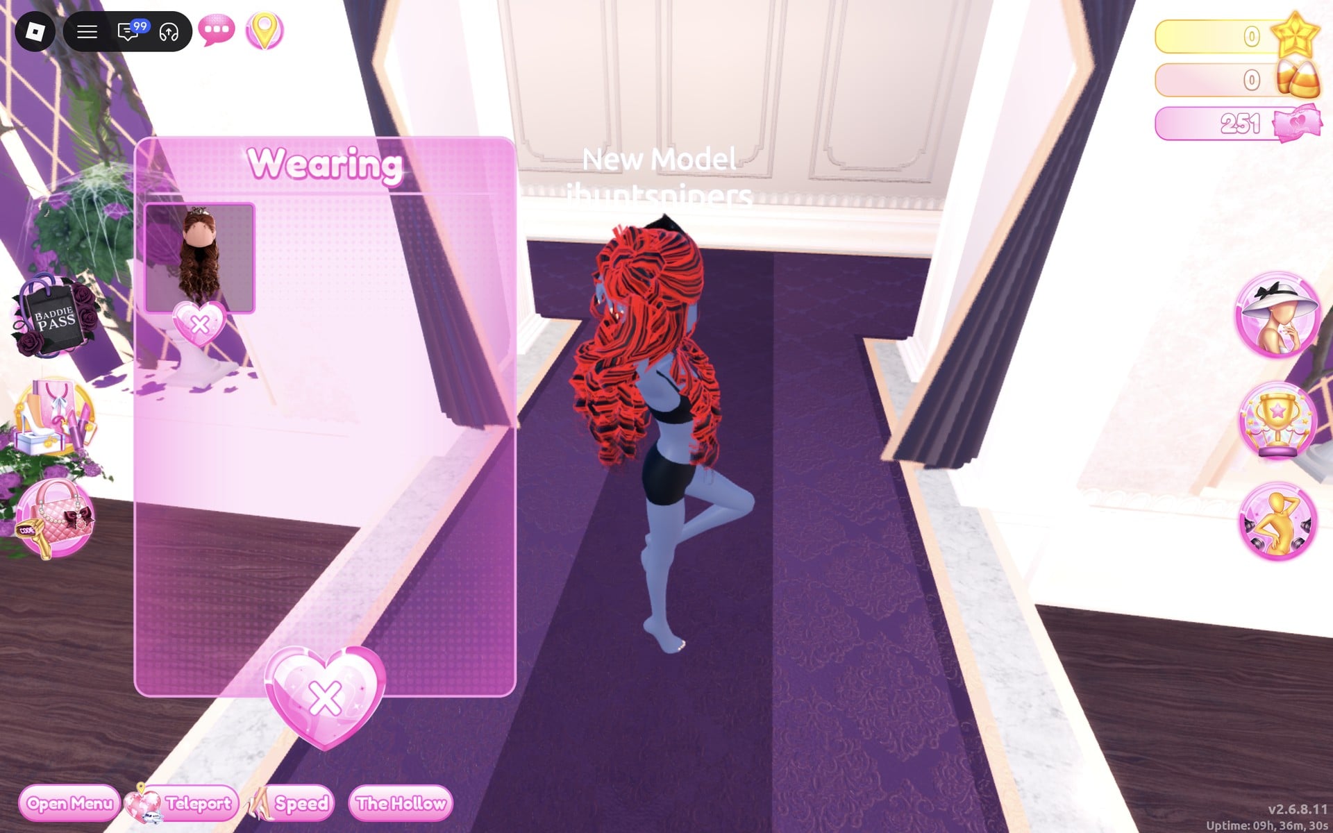 Wearing panel with only the hair, the character from behind in the black base top and shorts with long red and black curls
