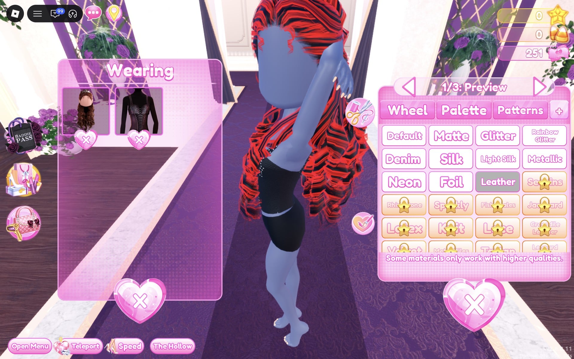 Wearing panel with the hair and corset, colour panel at 1/3: Preview with Leather selected