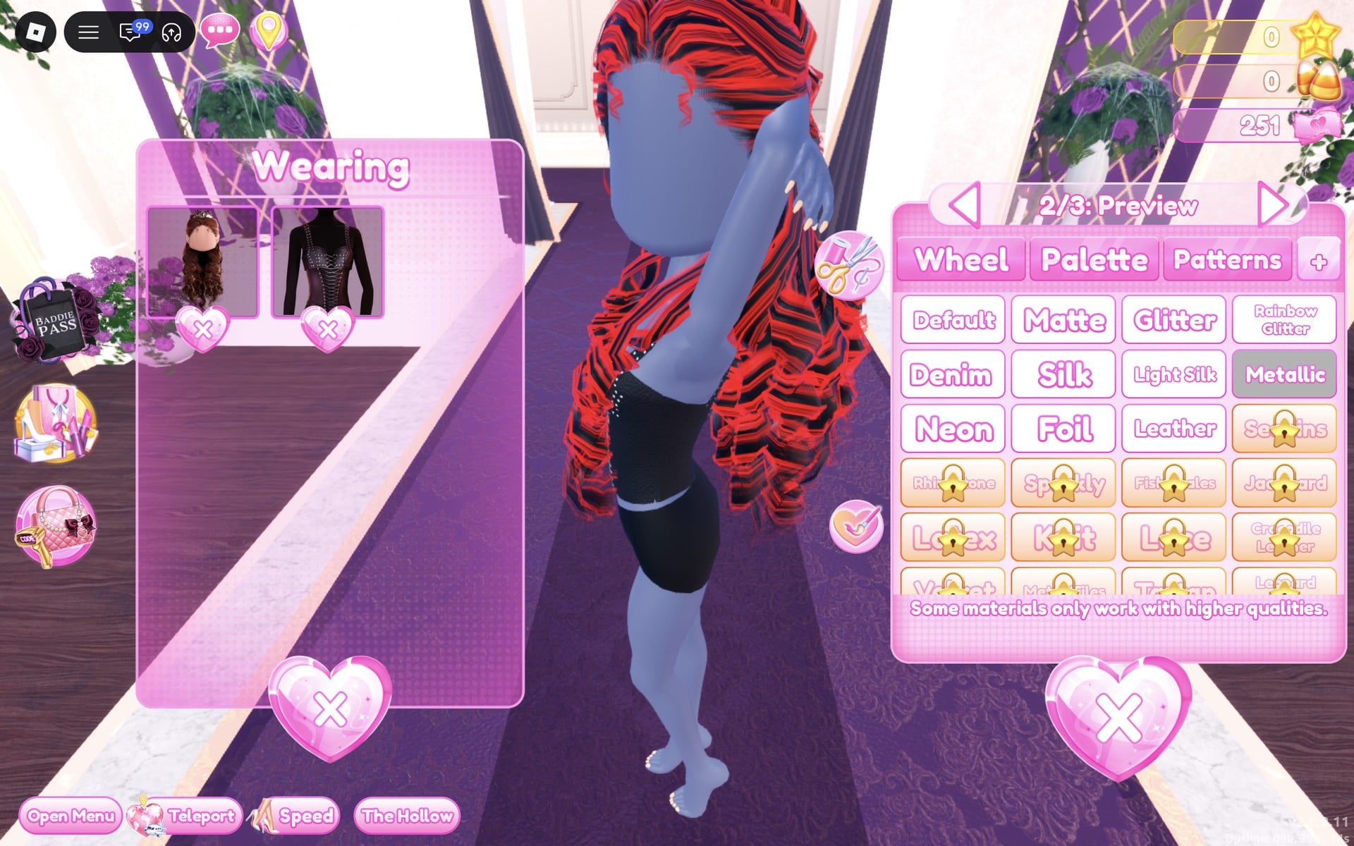 Colour panel at 2/3: Preview with Metallic selected for the corset's lacing