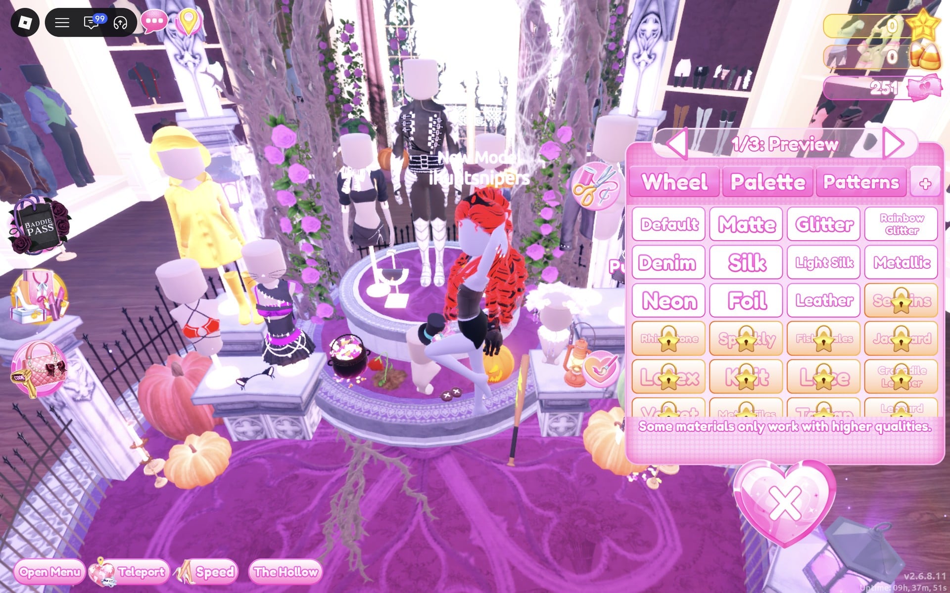 The black corset top previewing on the character beside the Halloween display circle, colour panel open at 1/3: Preview