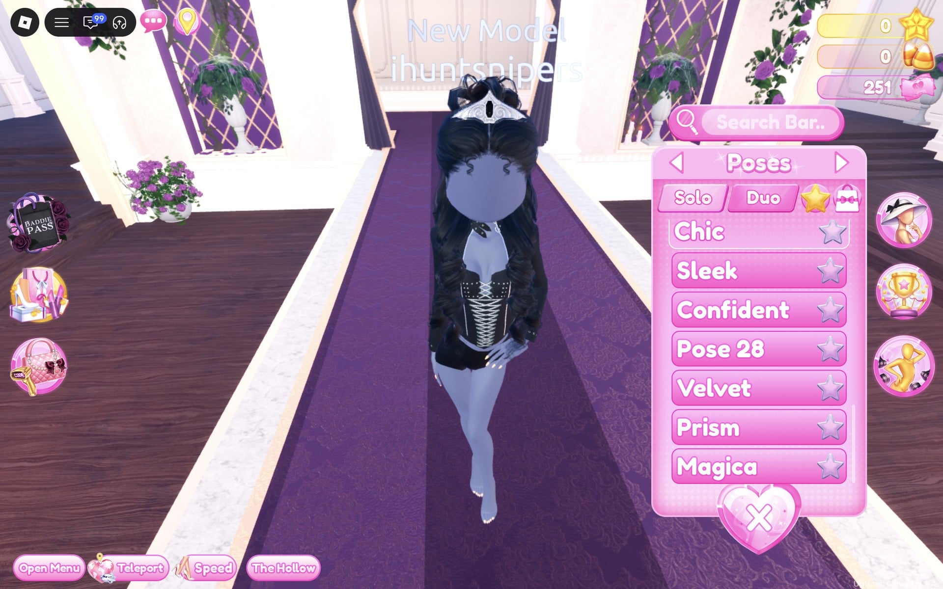 Poses menu on the Solo tab showing Chic, Sleek, Confident, Pose 28, Velvet, Prism and Magica, the black look on the Freeplay Runway