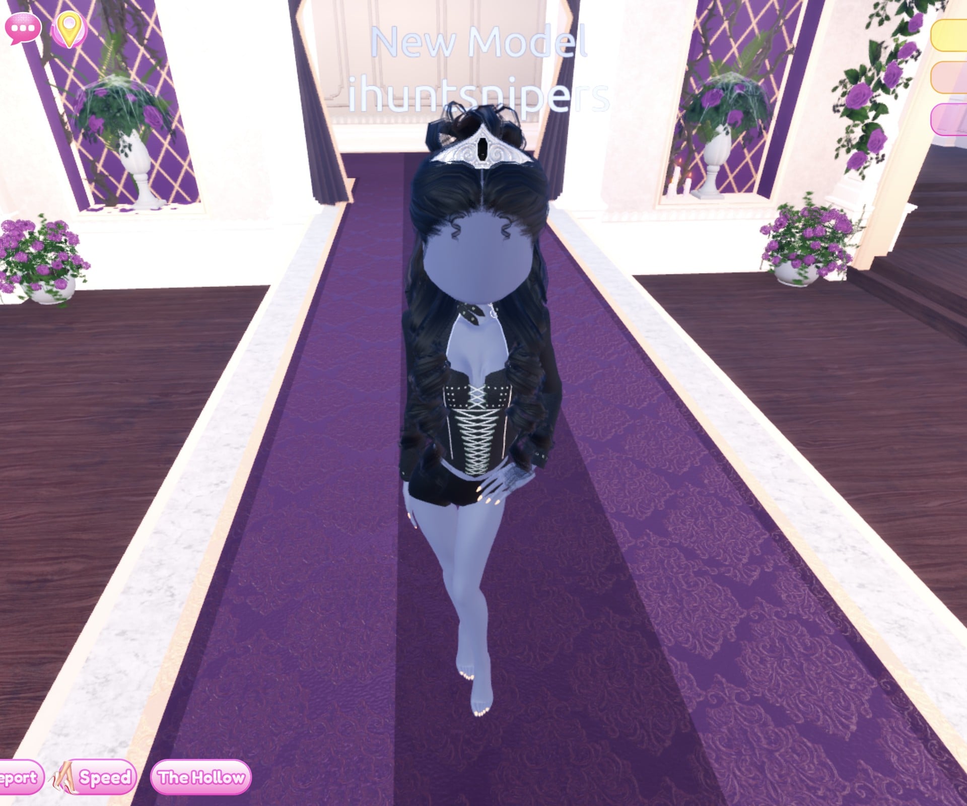 Black look on the Freeplay Runway in the Chic pose: black Leather corset top with silver lacing and studs, cropped black jacket with a studded collar, black shorts, long black curls and a silver tiara