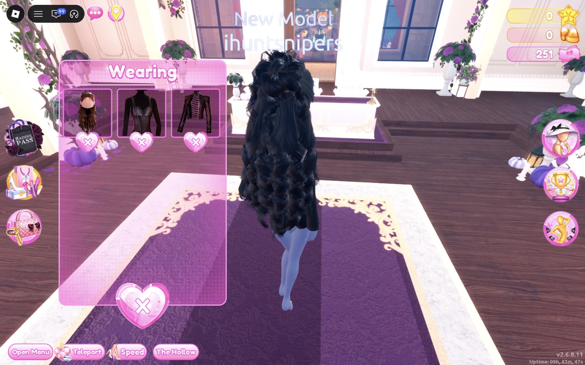 Wearing panel showing brown curls, a dark corset and a dark jacket while the character from behind has glossy black curls
