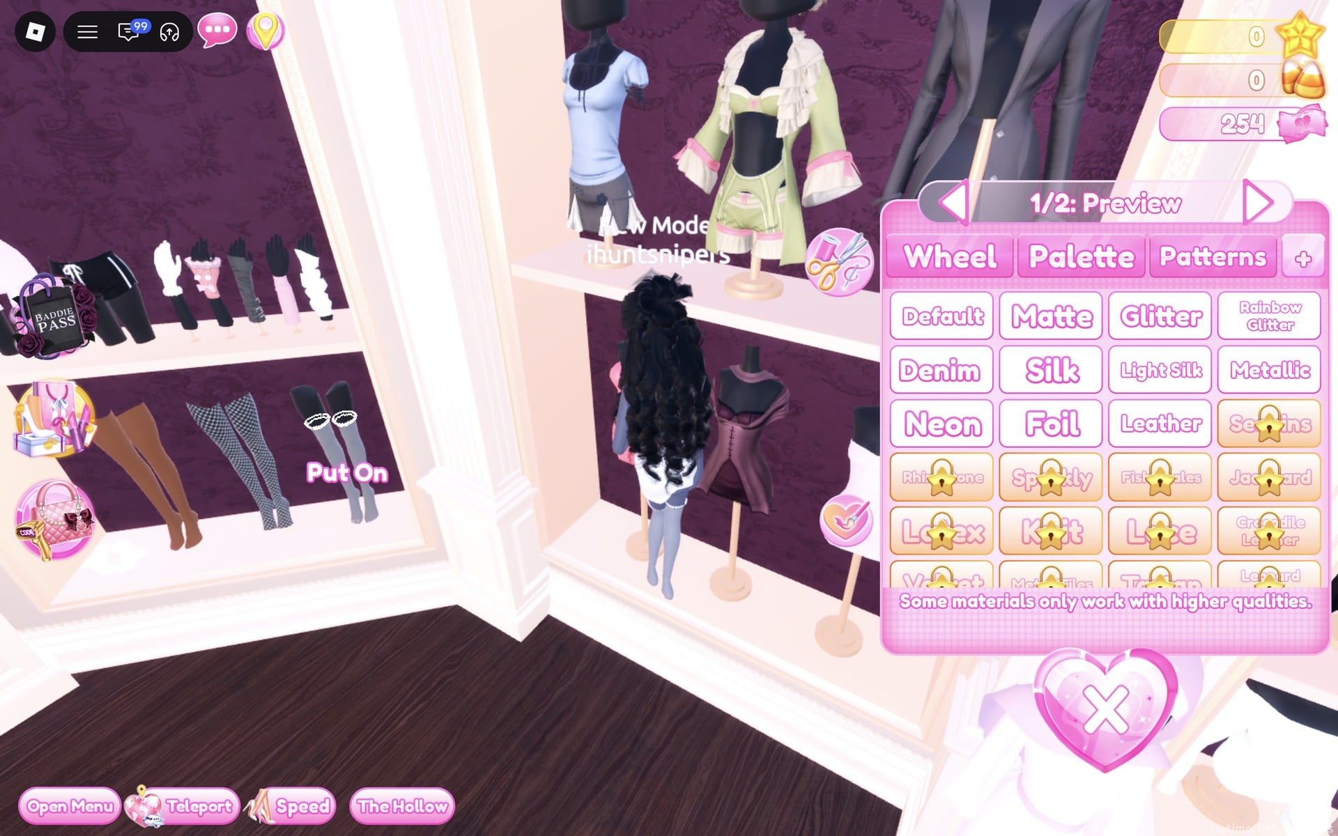 The grey lace-top thigh-highs on the shelf with a Put On label beside them, colour panel at 1/2: Preview