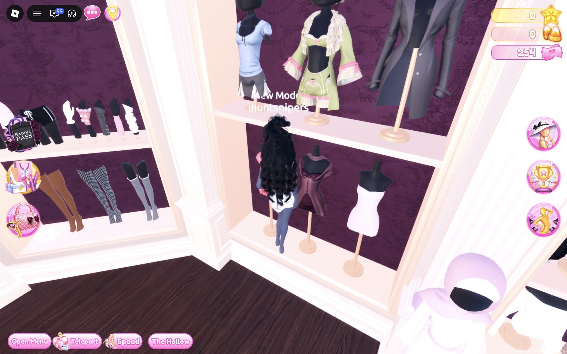 Left-wall shelf with gloves and short socks above and brown, fishnet and grey lace-top thigh-highs below