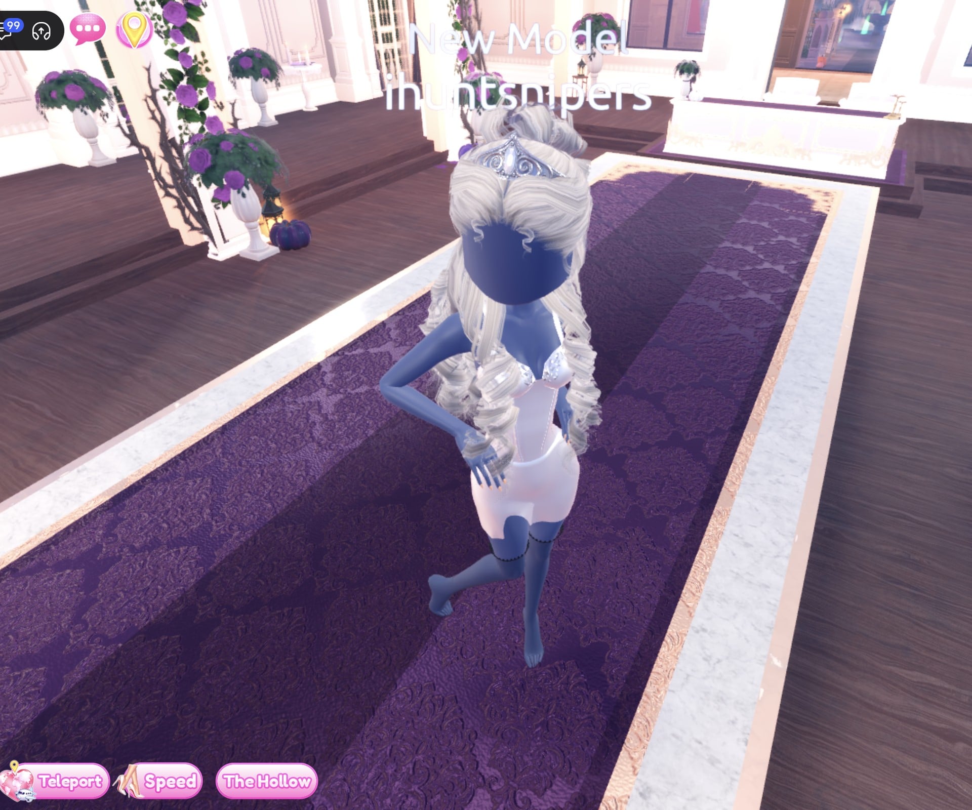 White look on the Freeplay Runway in the Sleek pose: white Silk corset mini, dark lace-top thigh-highs, long platinum curls and a silver tiara