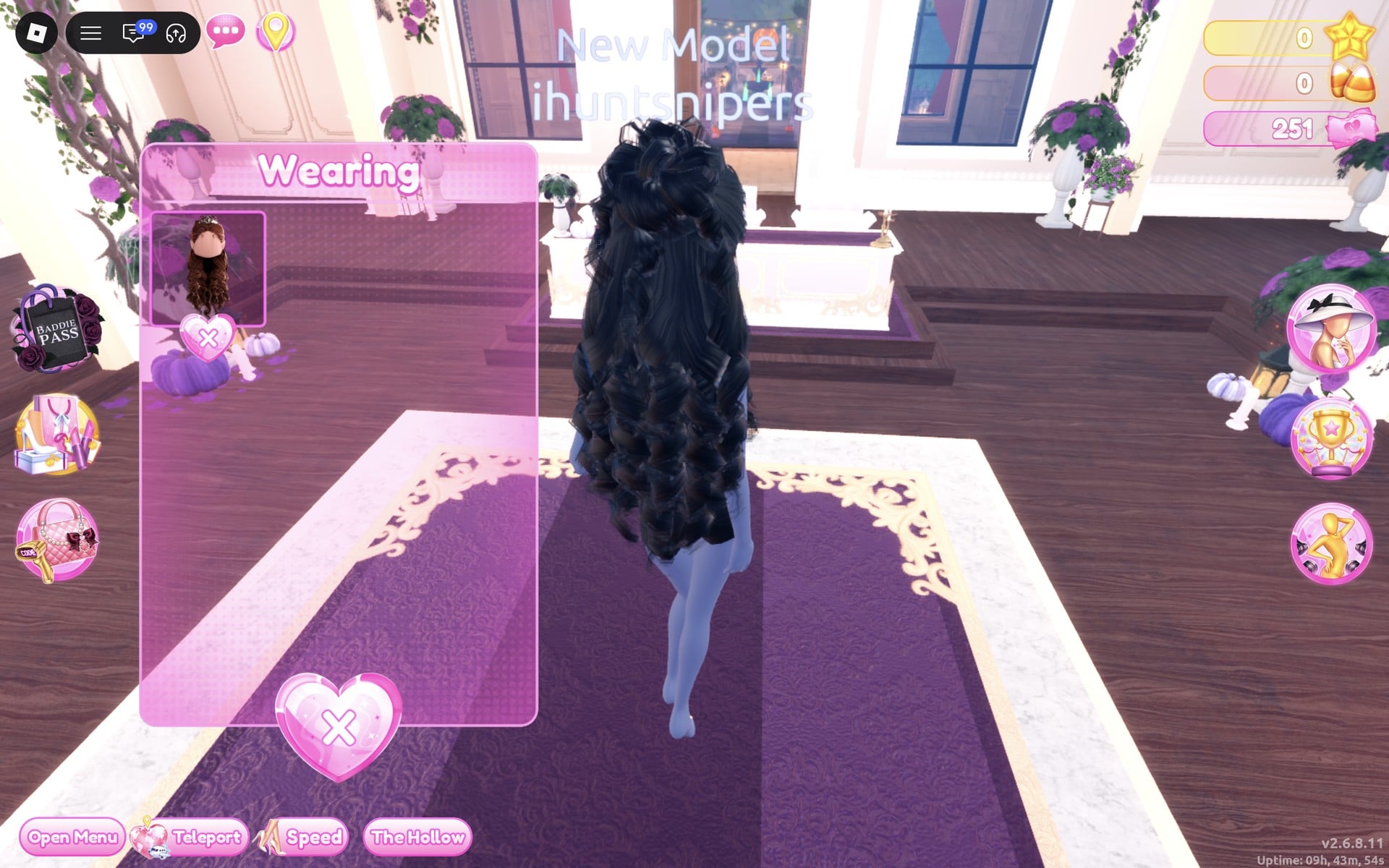 Wearing panel with only the hair left, the character from behind in the black base top and shorts with long black curls