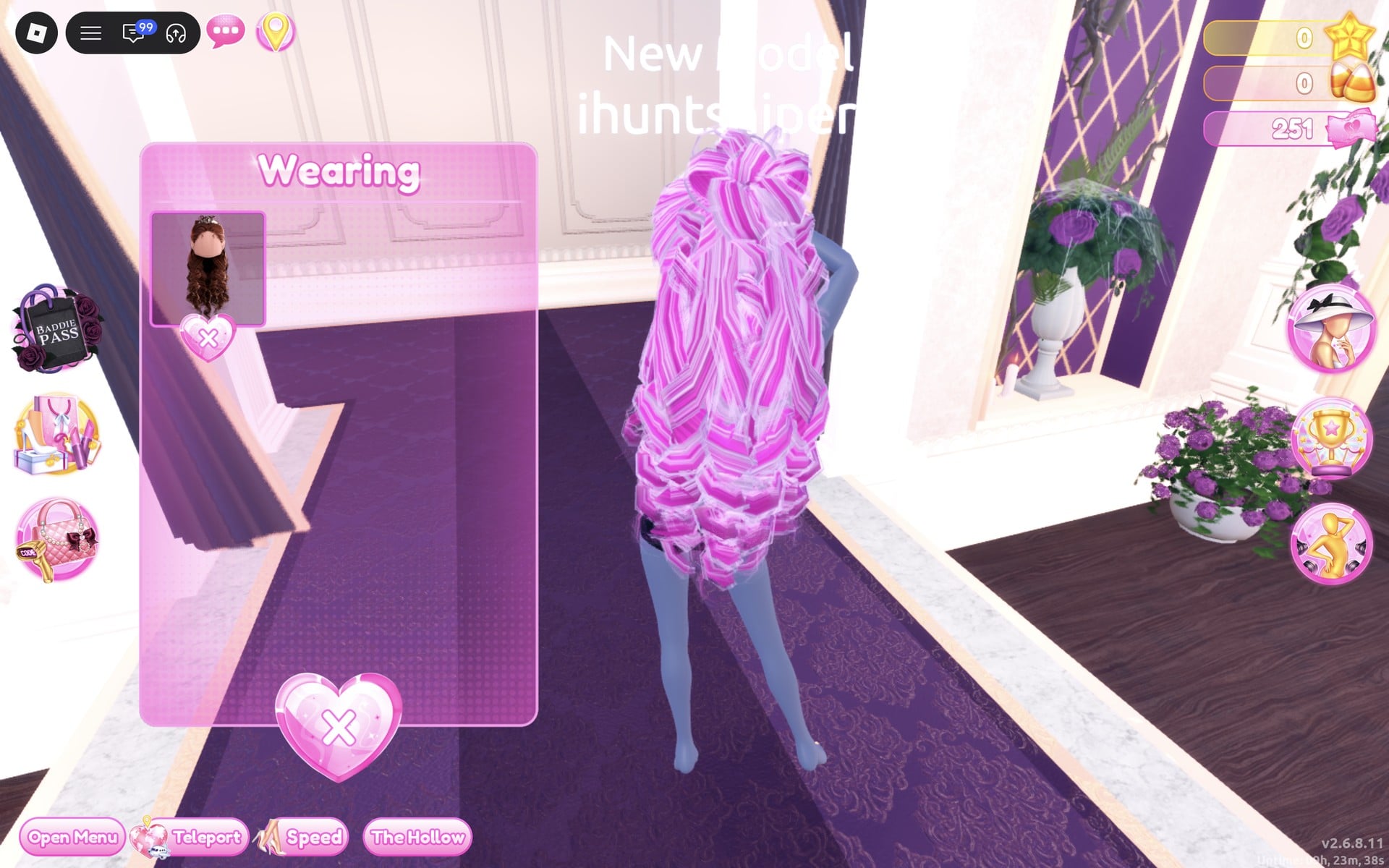 Wearing panel with only the hair, the character from the back in the black base top and shorts with long pink and white curls