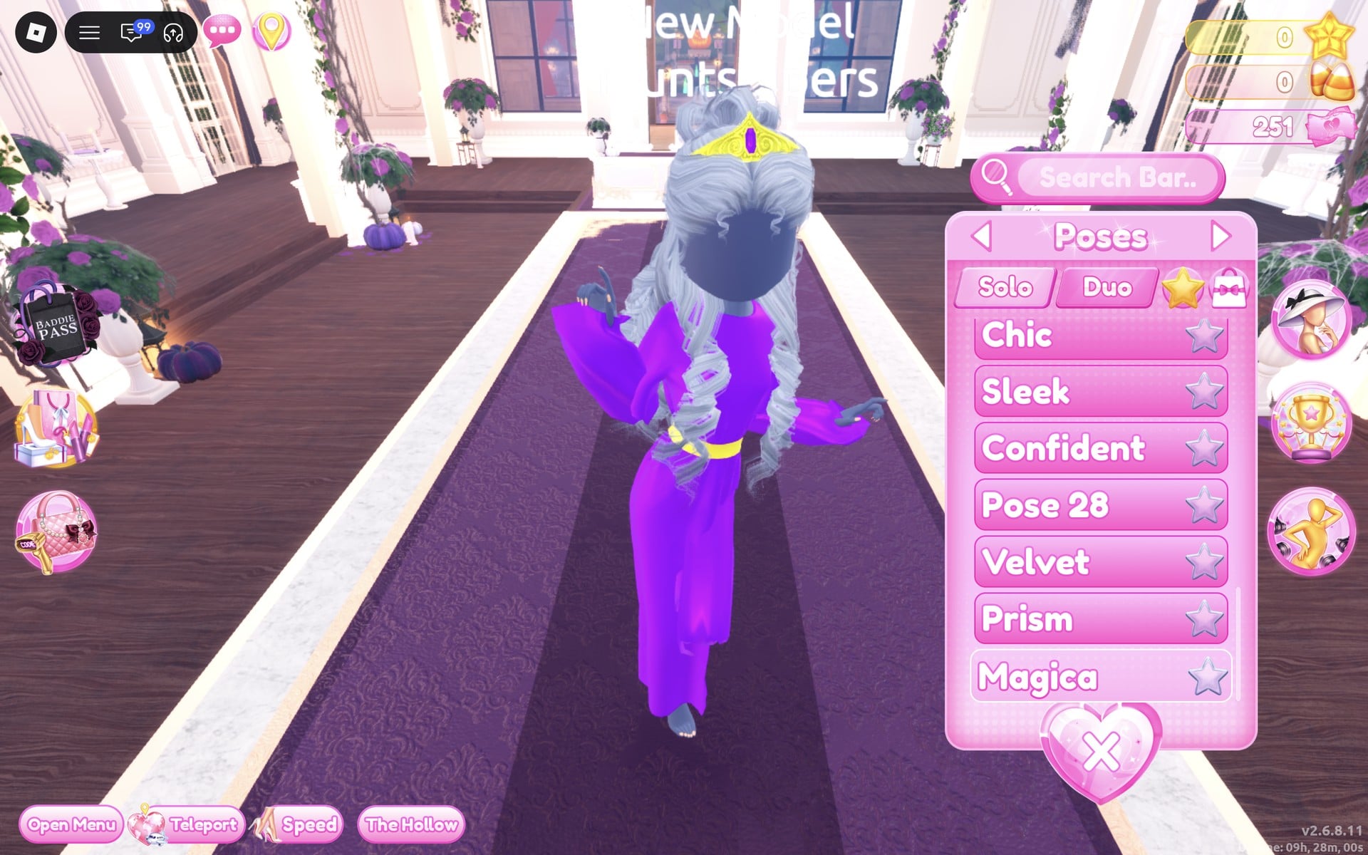 Poses menu on the Solo tab showing Chic, Sleek, Confident, Pose 28, Velvet, Prism and Magica, the sorceress look on the Freeplay Runway