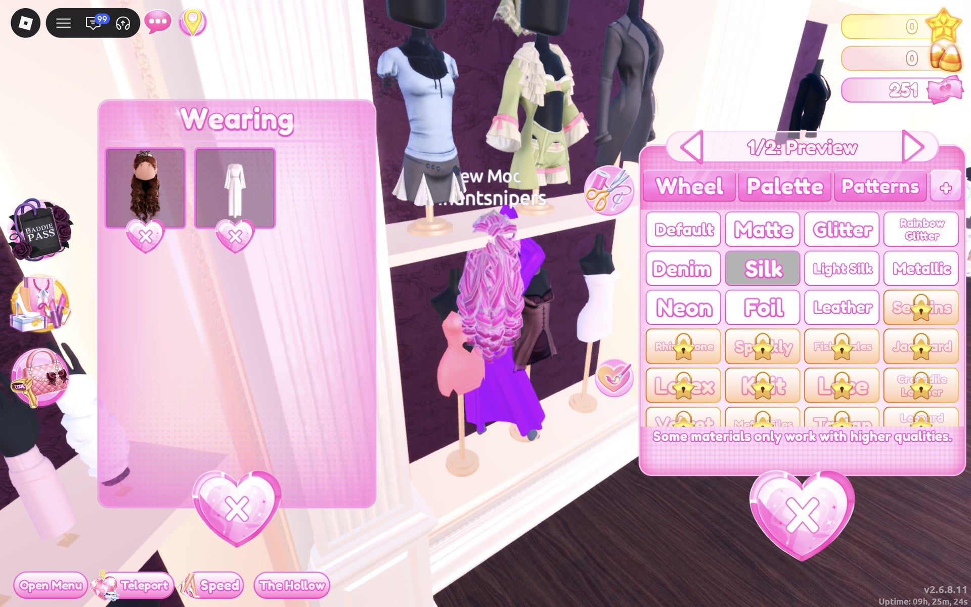 Wearing panel with the hair and robe, colour panel at 1/2: Preview with Silk selected, the robe purple on the character