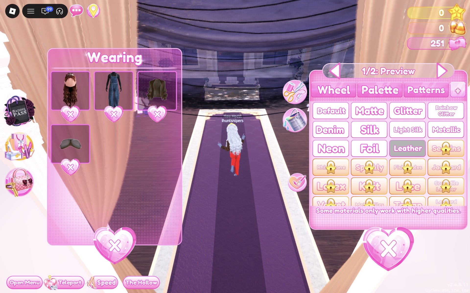 Colour panel at 1/2: Preview with Leather selected, the overalls red on the character at the far end of the Freeplay Runway