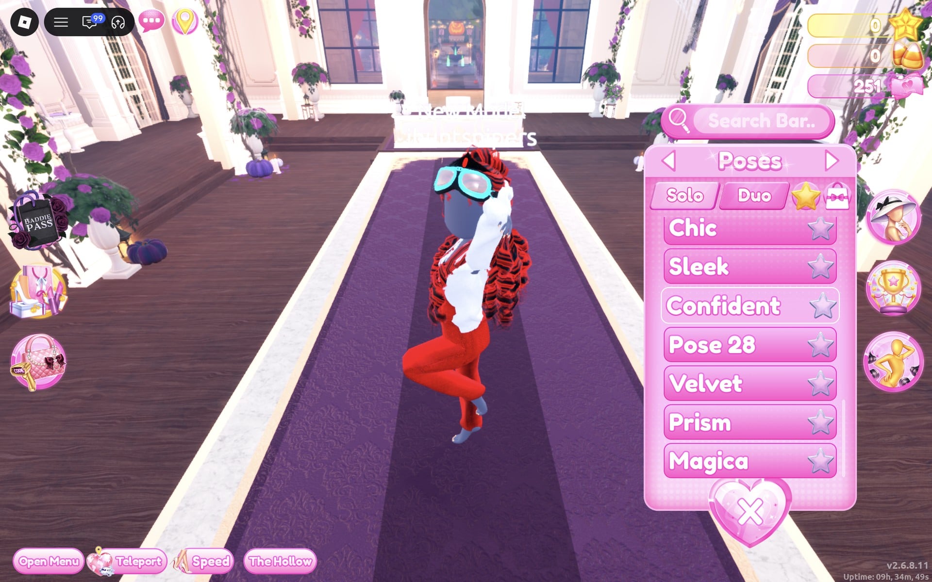Poses menu on the Solo tab with Confident in the list, the racer look on the Freeplay Runway