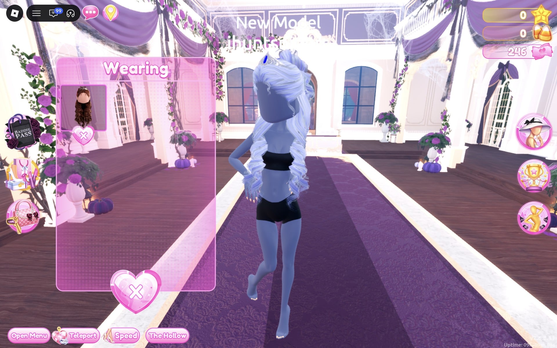 Wearing panel with only the curls, the character in the black base top and shorts with lilac-blue curls