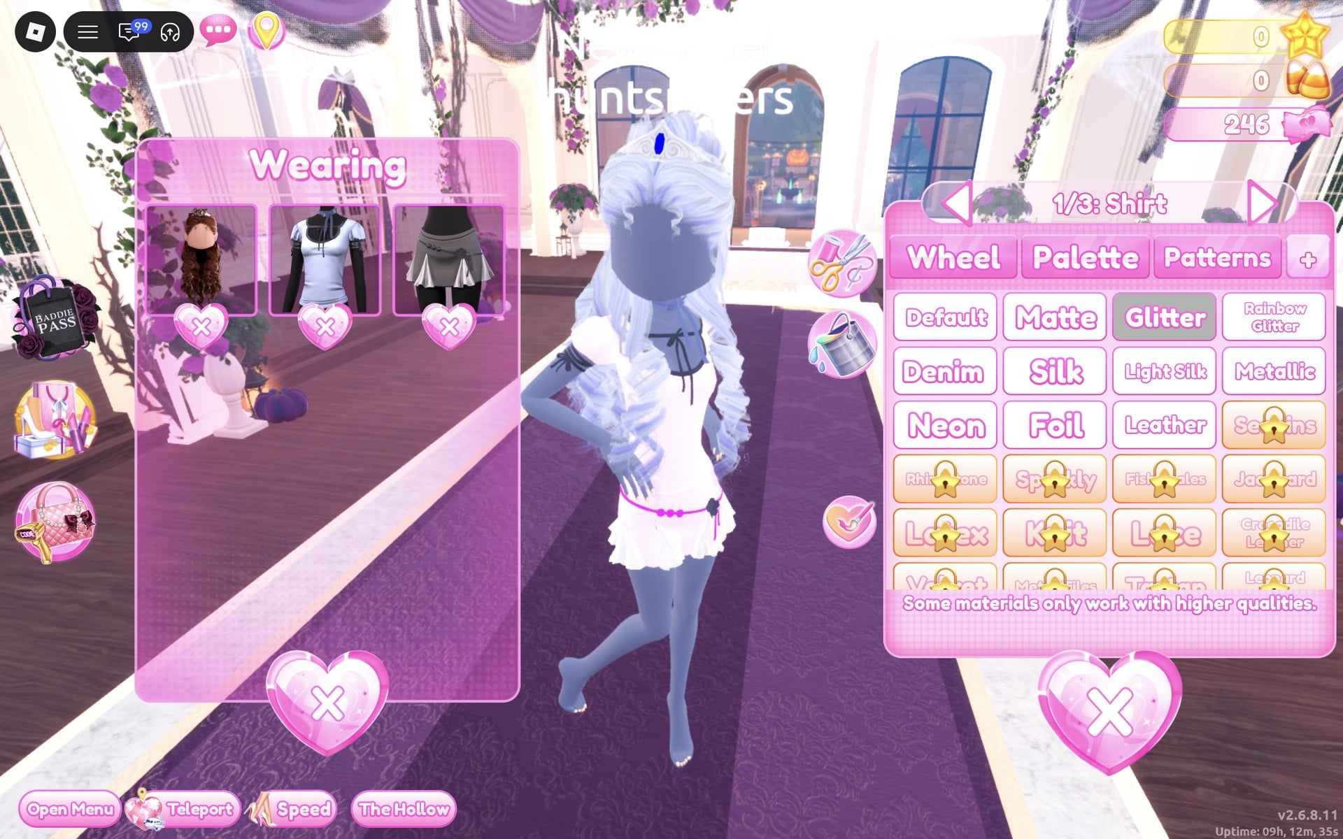 Colour panel at 1/3: Shirt with Glitter selected, the shirt pink on the character