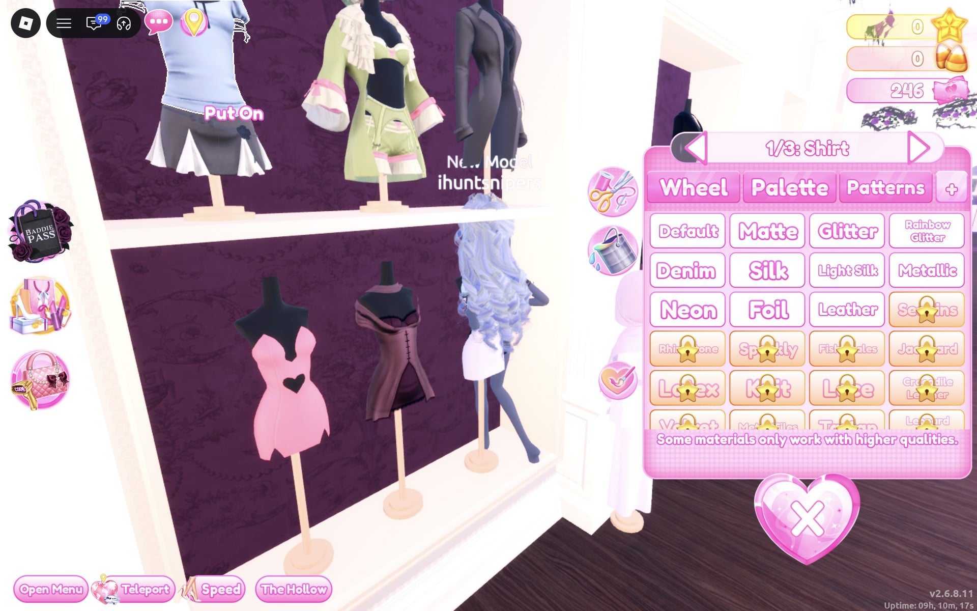 Colour panel at 1/3: Shirt beside the stand with the pale blue shirt and grey pleated skirt, a floating Put On label