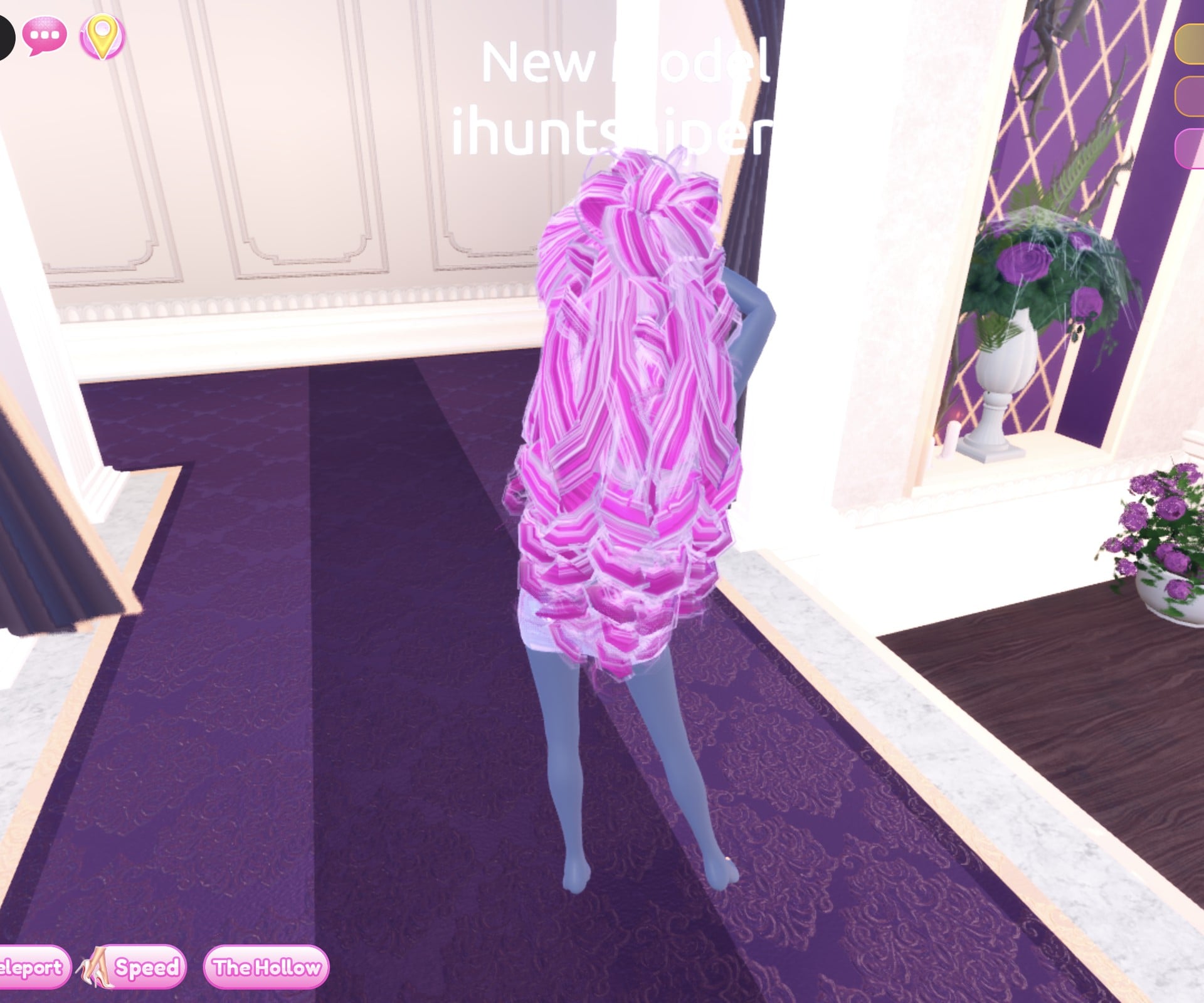 Look 2 from behind, hot pink and white striped curls over the dress