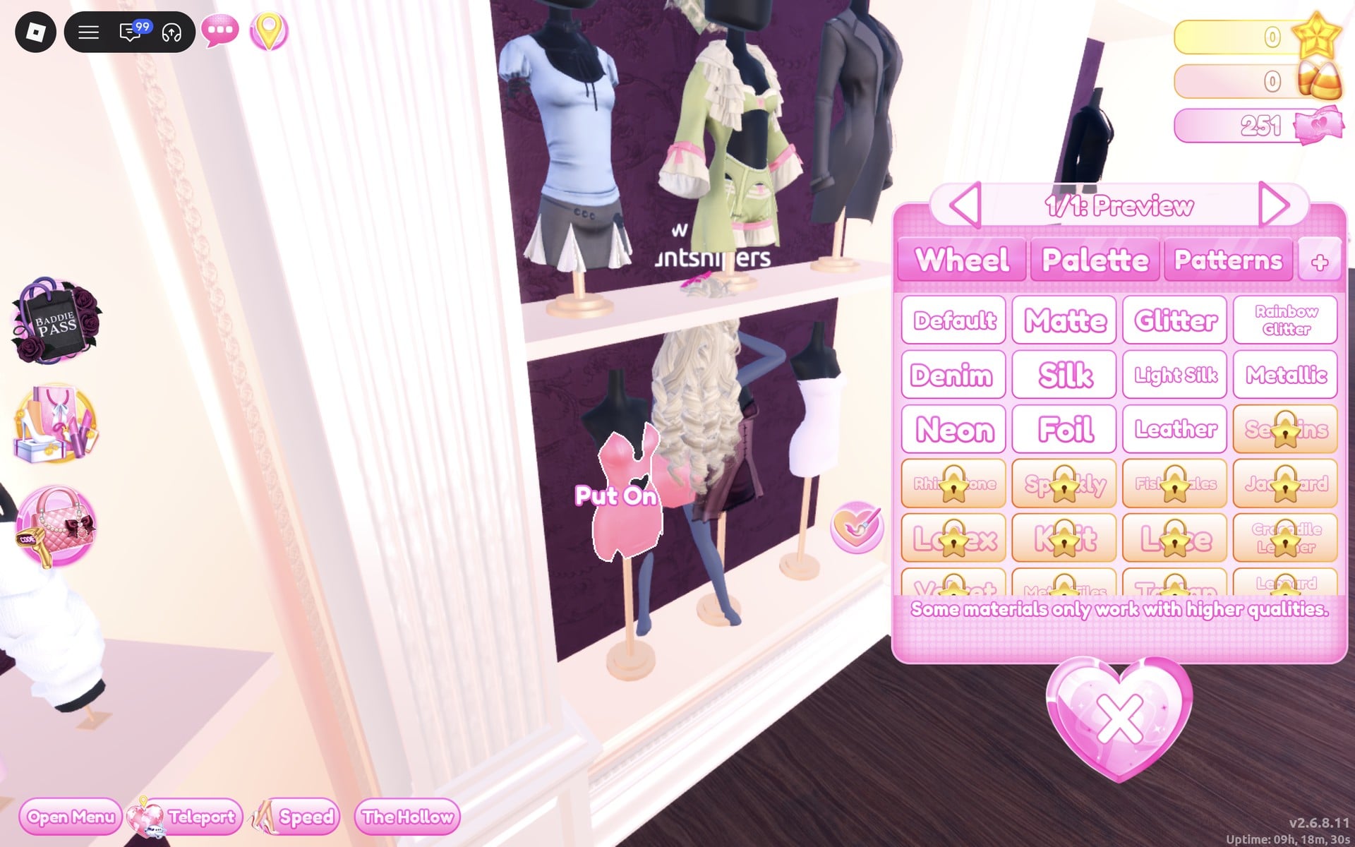 Colour panel at 1/1: Preview with a Put On label beside the pink heart cut-out mini on the bottom-row stand