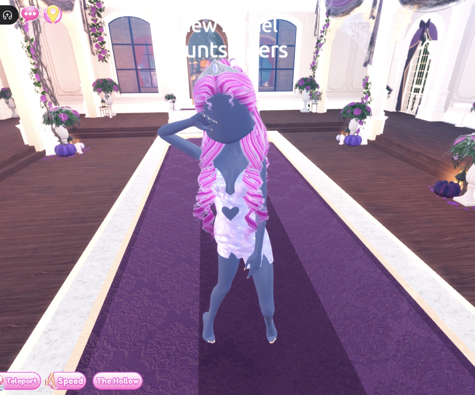 Look 2 on the Freeplay Runway: pale shimmery mini with a heart cut-out, hot pink and white striped curls, silver tiara