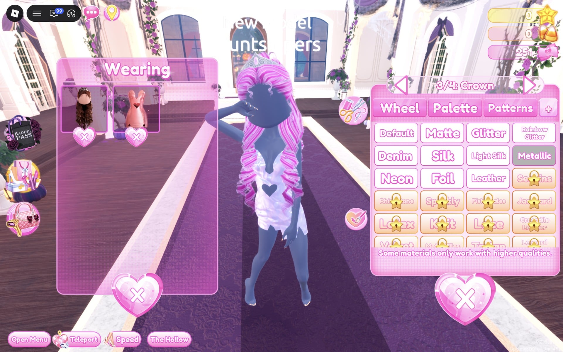 Colour panel at 3/4: Crown with Metallic selected, a silver tiara on the pink curls