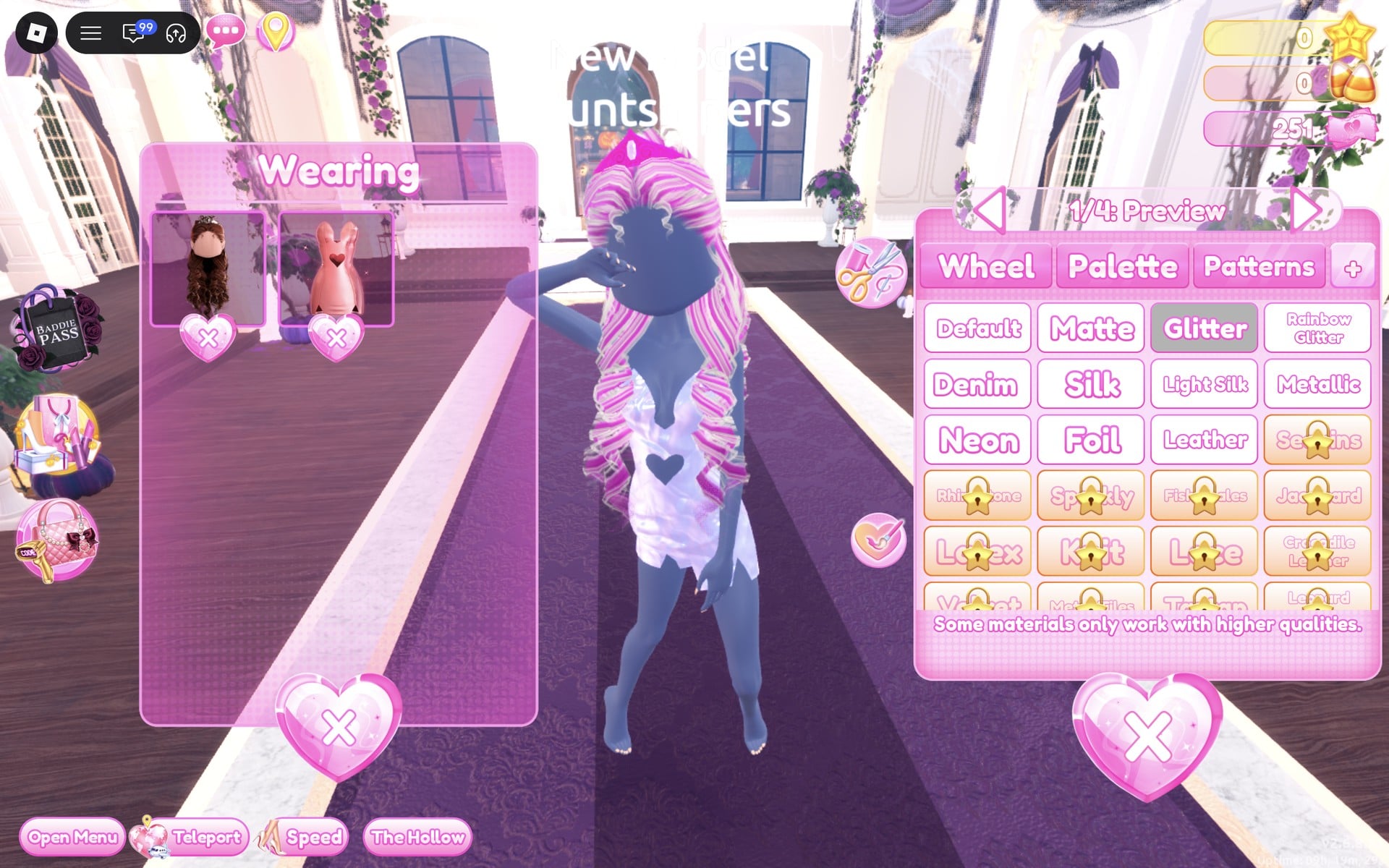 Colour panel at 1/4: Preview with Glitter selected, the curls striped hot pink and white