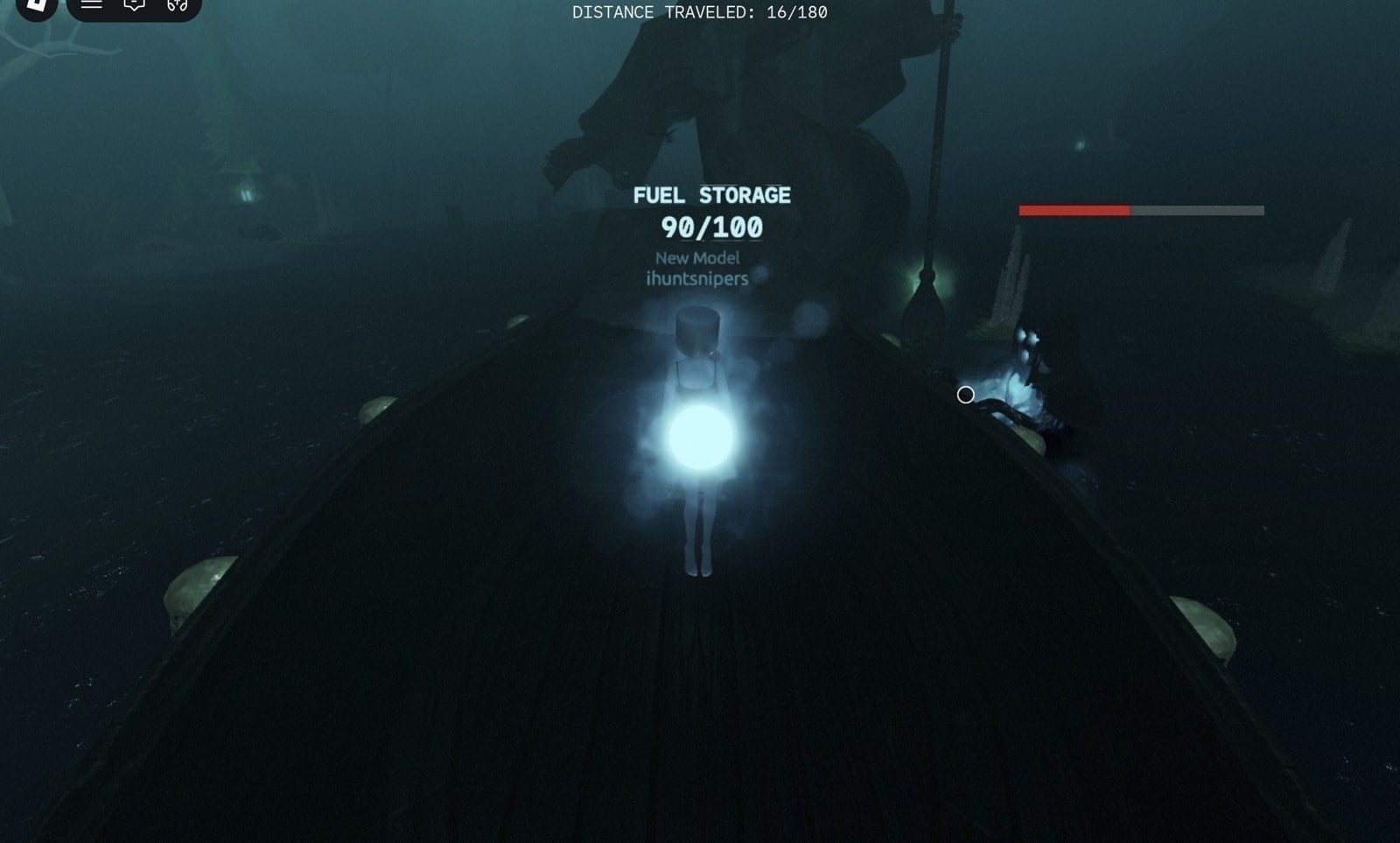 Character carrying a glowing fuel orb, FUEL STORAGE 90/100, with a spirit's red bar on the right of the boat
